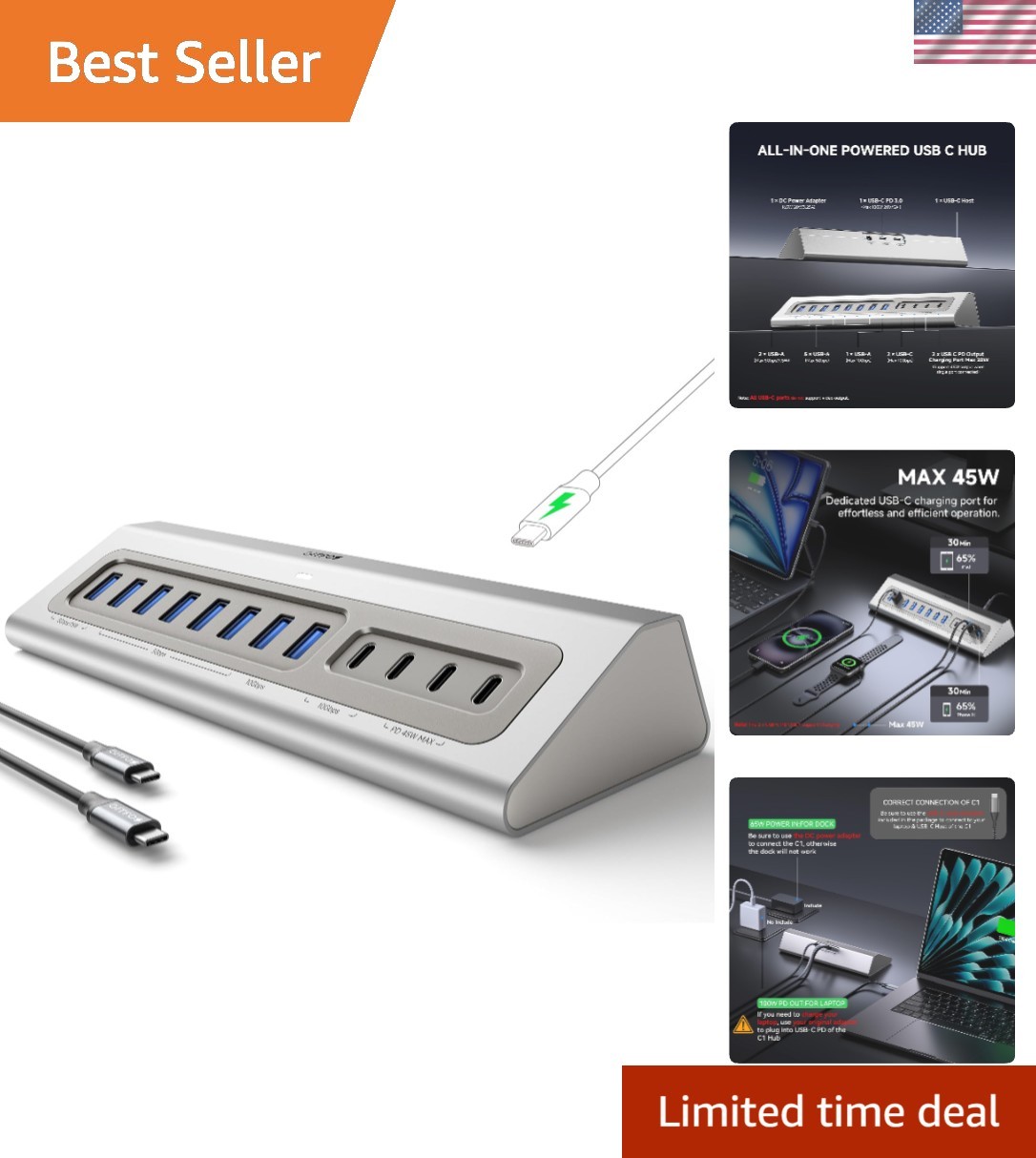 Efficient 15-in-1 USB Hub: 10Gbps Speed & 100W PD Charging – Mac & PC Compatible