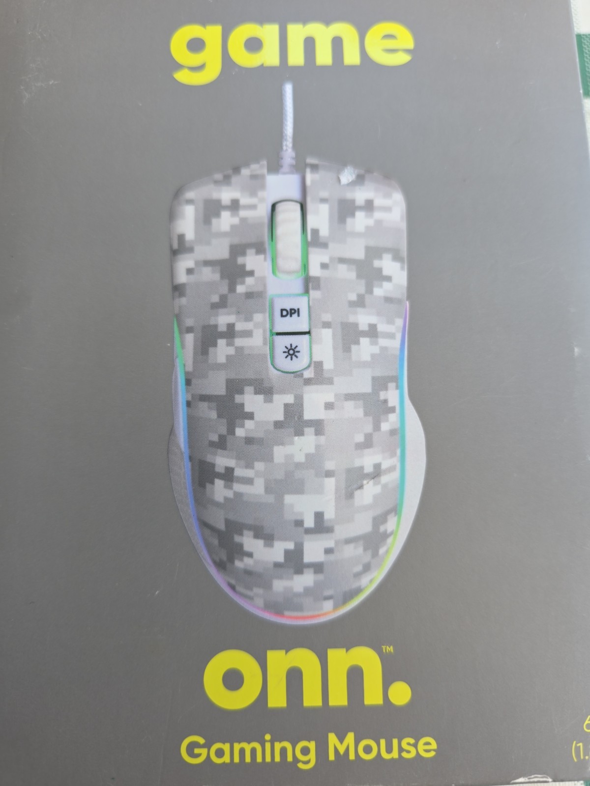Grey Camo Onn Gaming Mouse Attached USB Power Cable LED Lighting DPI