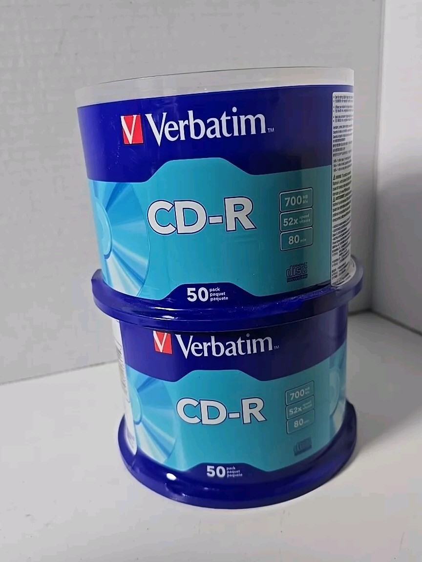 100 Verbatim 52x CD-R 700MB Capacity Gray 2/ 50 Packs New Old Stock Sealed.