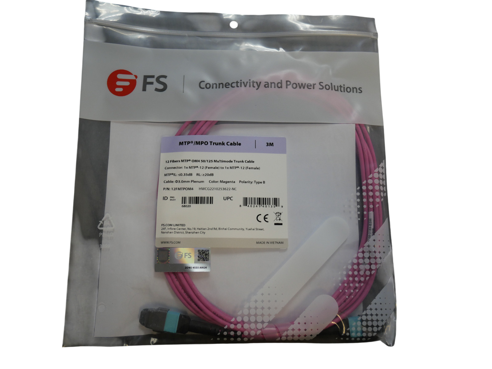 FS MTP/MPO Fiber Patch Cable 12 Fibers MTP OM4 50/125 Multimode Trunk 3M
