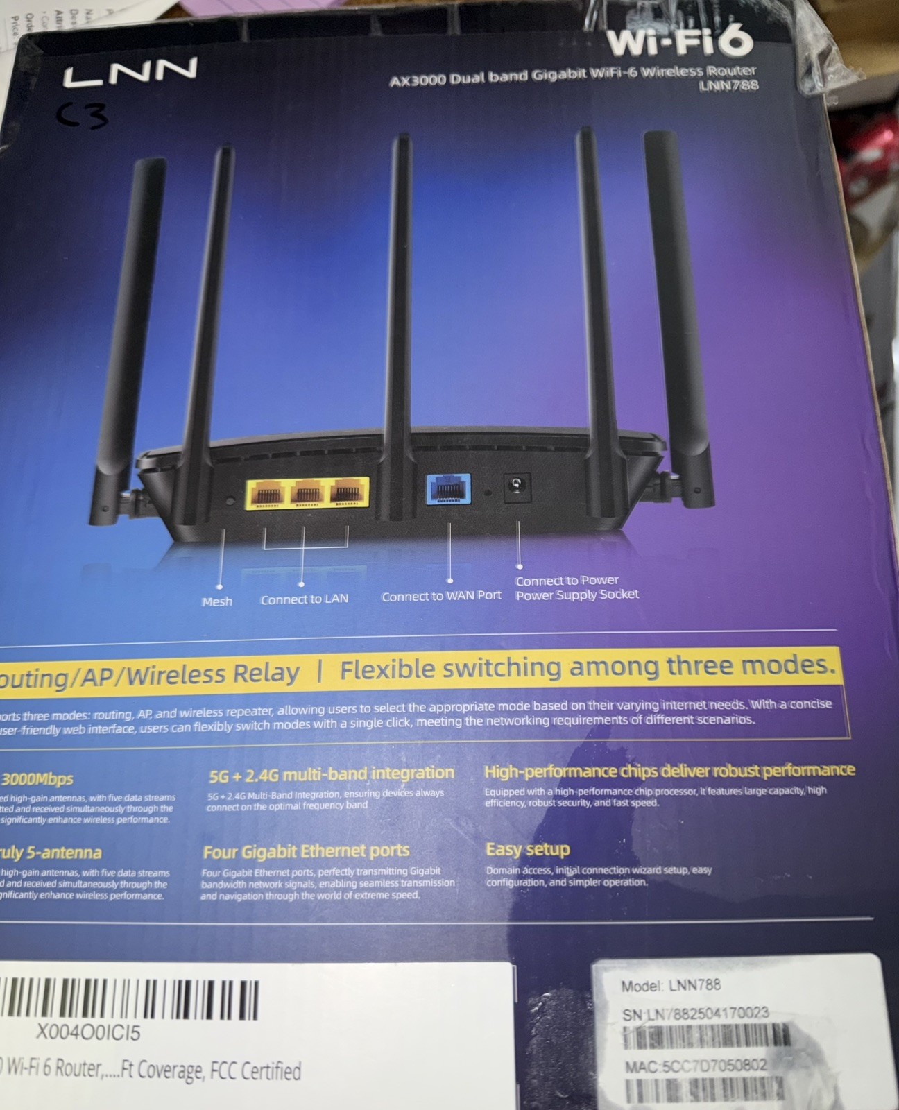 LNN AX3000 Dual Band Gigabit Wi-Fi 6 Wireless Router 3000Mbps (LNN788) - Black