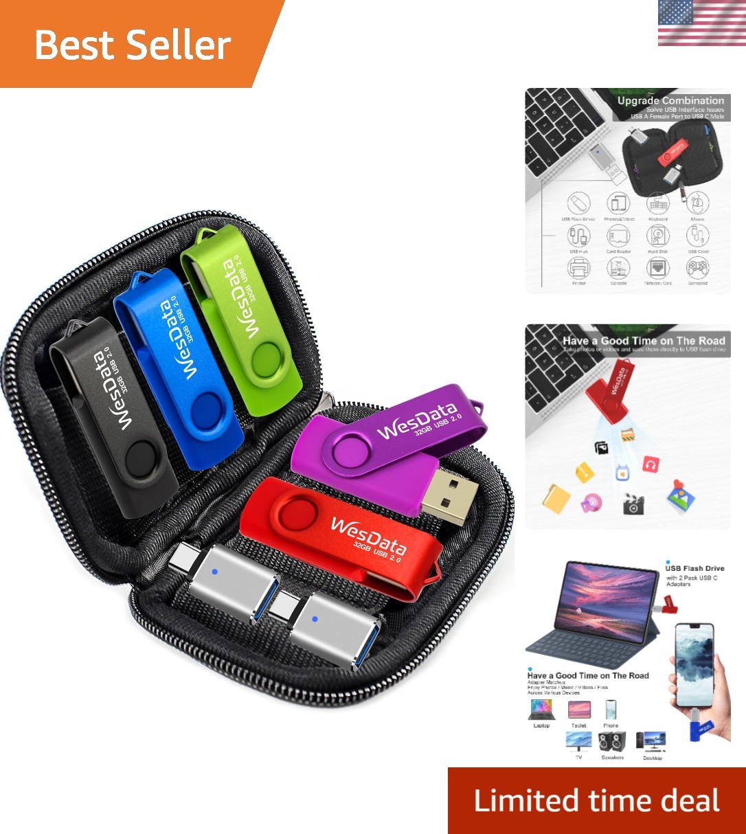 Versatile 5 Pack 8GB USB Flash Drives & USB-C Adapters for Fast File Transfers