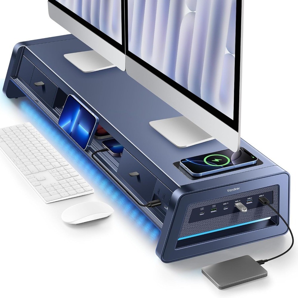 Dual Monitor Stand Riser with 2 Drawers, 8 USB Ports and Wireless Charging Pad,