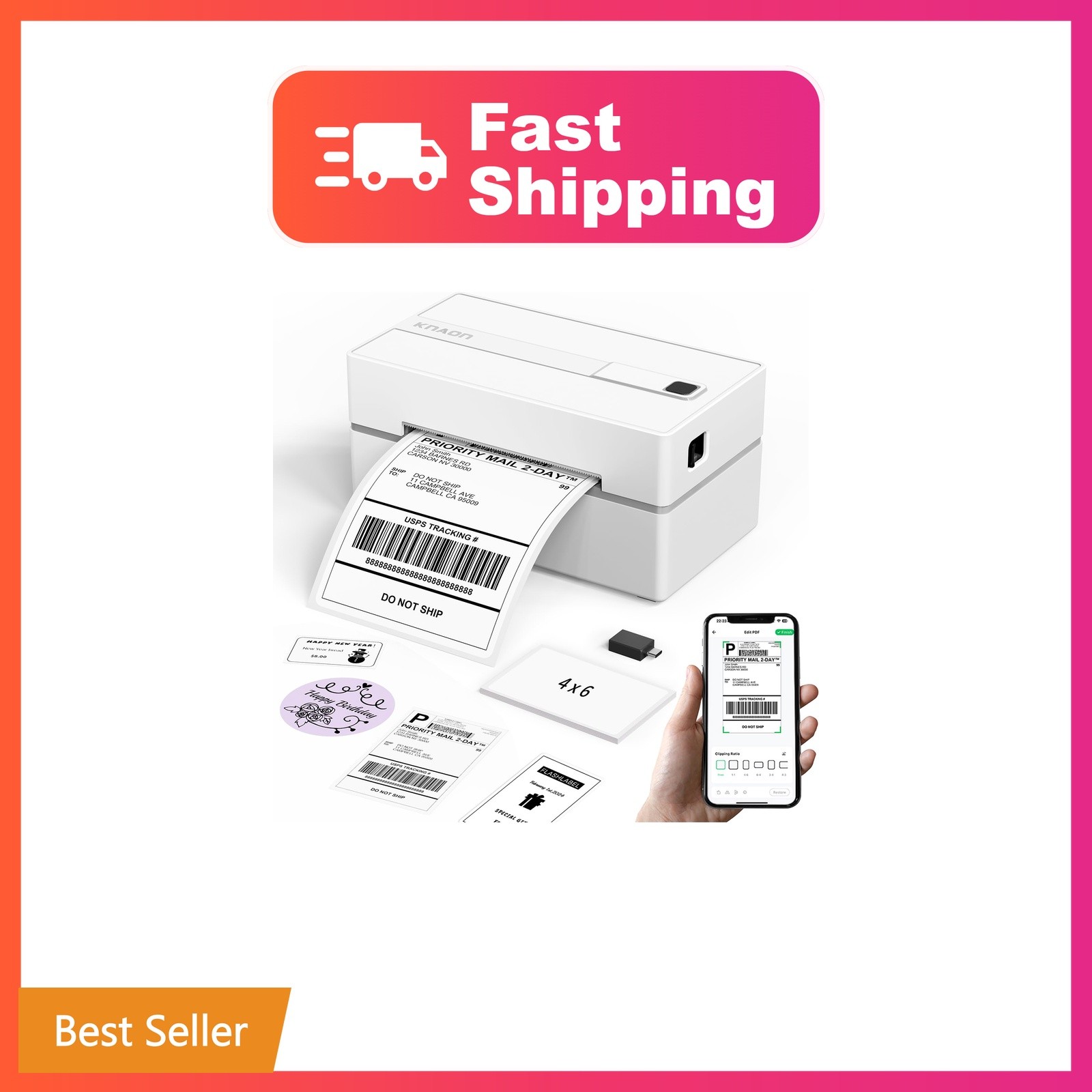 KNAON Bluetooth Thermal Shipping Label Printer, 4x6 Portable Thermal Address ...