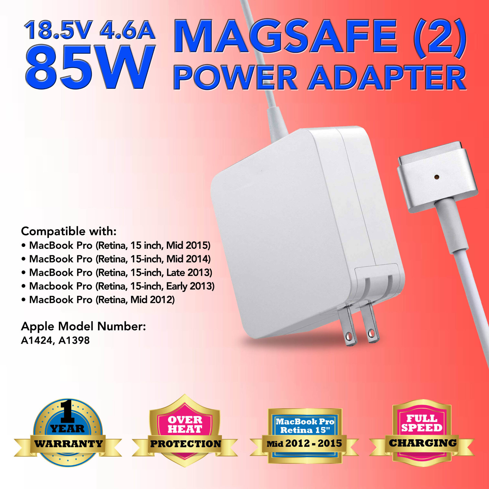 85W AC Adapter Charger Power Cord Supply for Apple MacBook Pro 15" Retina A1398
