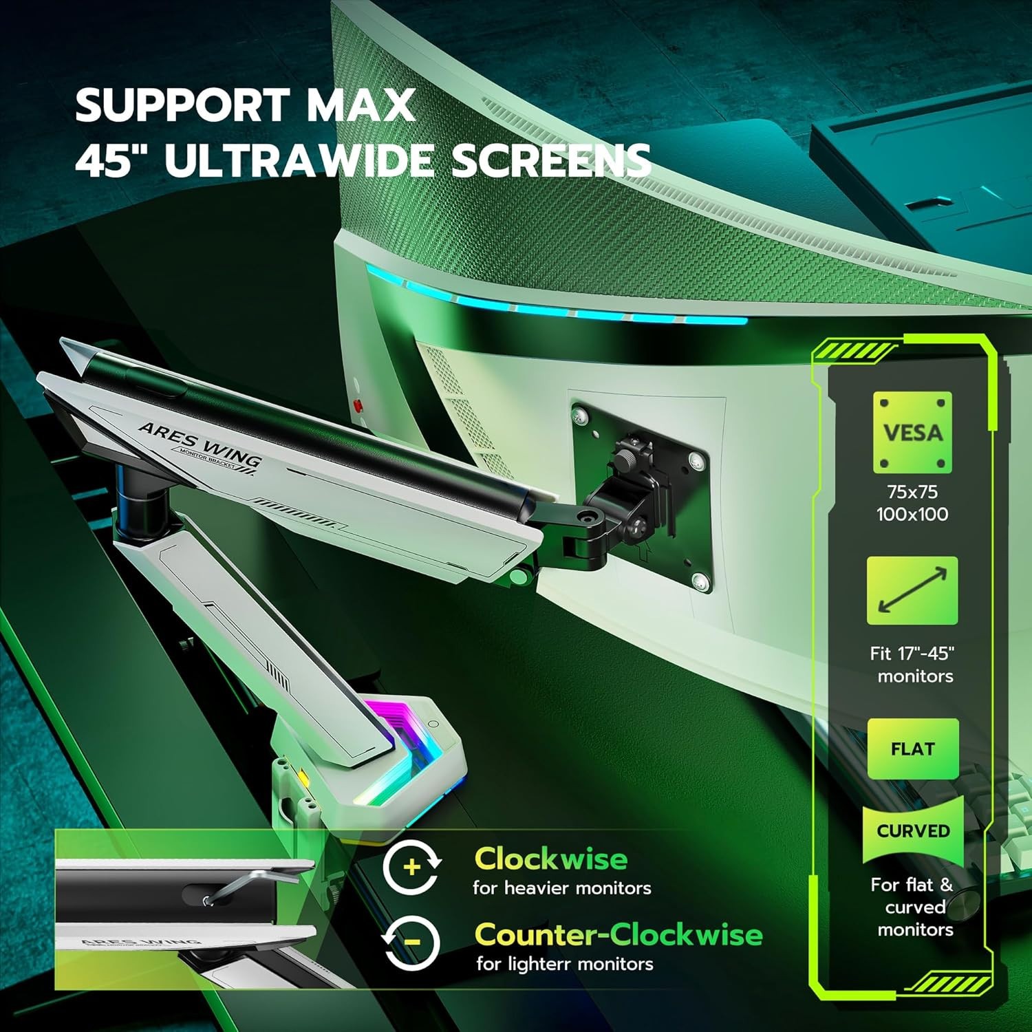 *Open Box* ARES WING RGB Single Monitor Arm Desk Mount for 17-45 inches