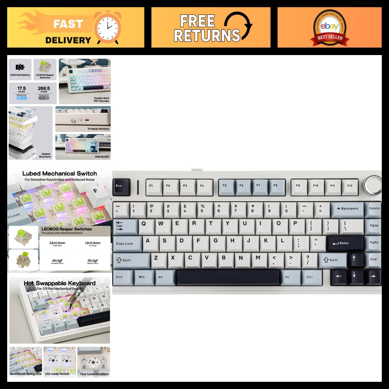 75% Wireless Hot Swappable Mechanical Gaming Keyboard, RGB, Gasket Design, BT/US