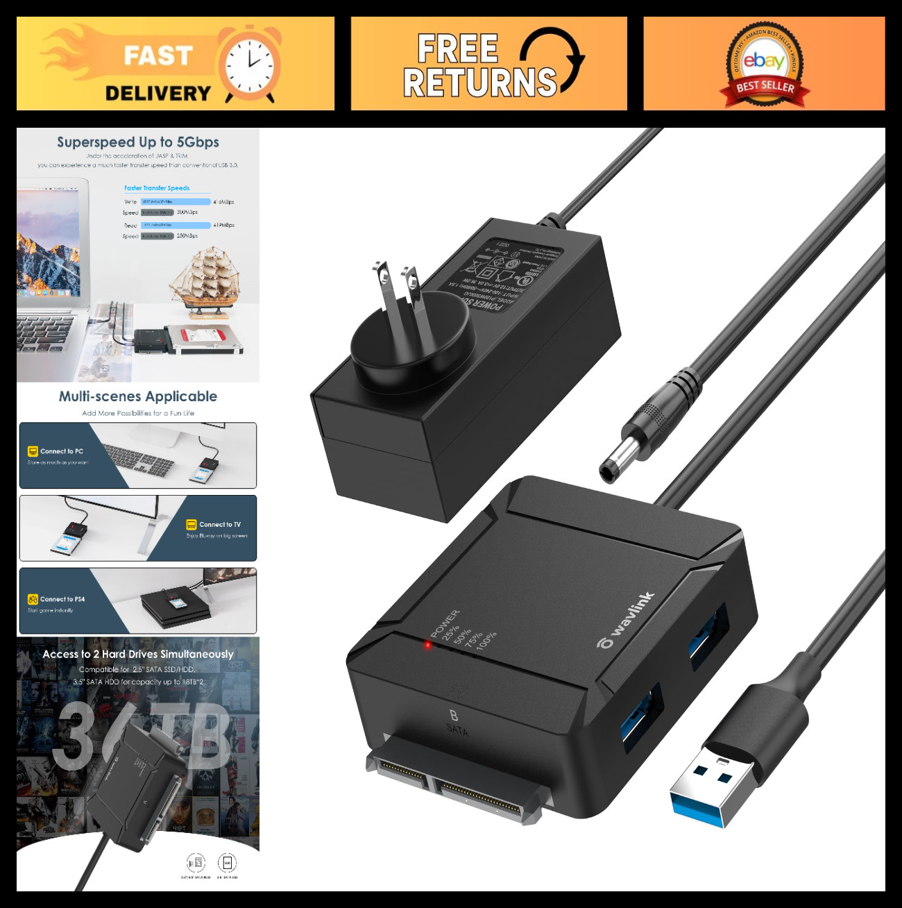 Dual-Bay USB 3.0 HDD Docking Station, 5Gbps Data Transfer, 12V/3A Power Supply