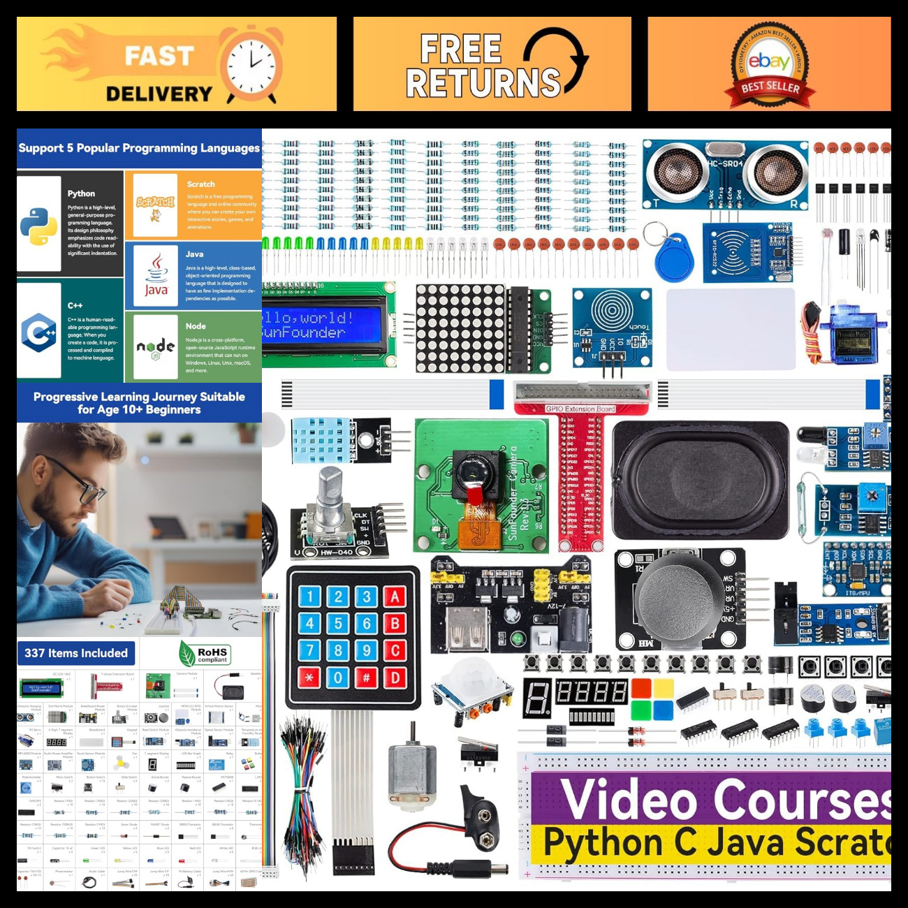 Ultimate Raspberry Pi Starter Kit - Compatible with 5, 4 B, 3B, Zero 2 W, Python