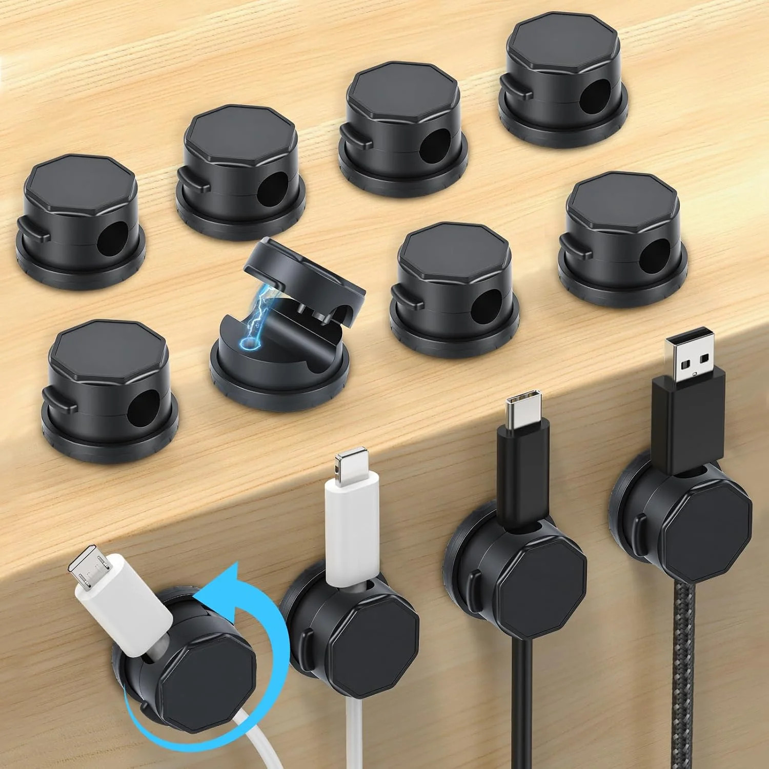 12 Pack Cable Management Holder Magnetic 360° Rotatable Cable Clips Self-Adhesiv