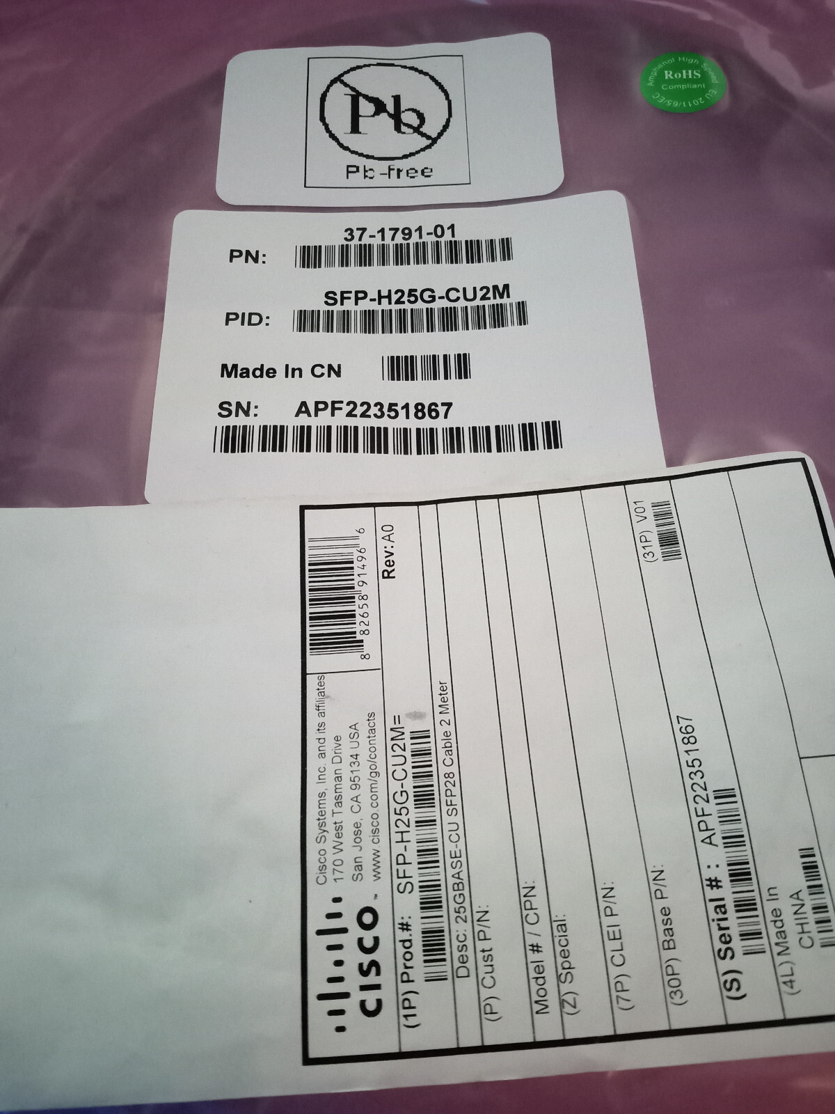 New Genuine Cisco SFP-H25G-CU2M= 37-1791-01 Rev: 01