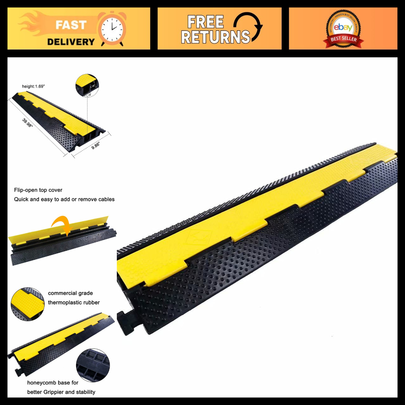 Heavy-Duty Rubber Cable Ramp - 2-Channel Cord Protector for Driveway & Indoor Us
