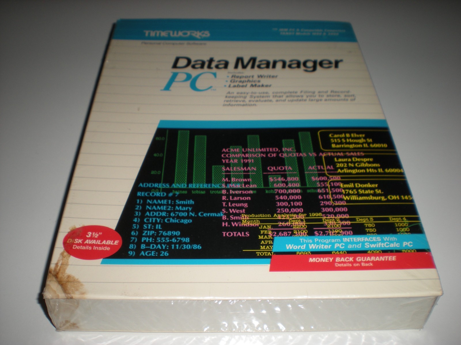Timeworks Data Manager PC dos database new in box 5.25".  Slightly water stained