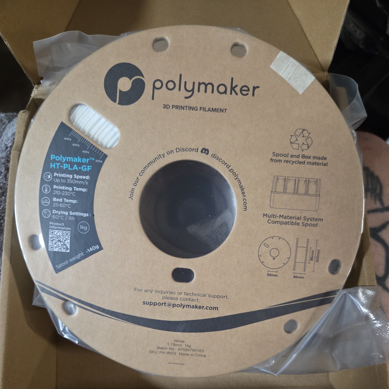 Polymaker HT-PLA-GF 3D Printer Filament 1.75mm White 1kg Spool PA18002