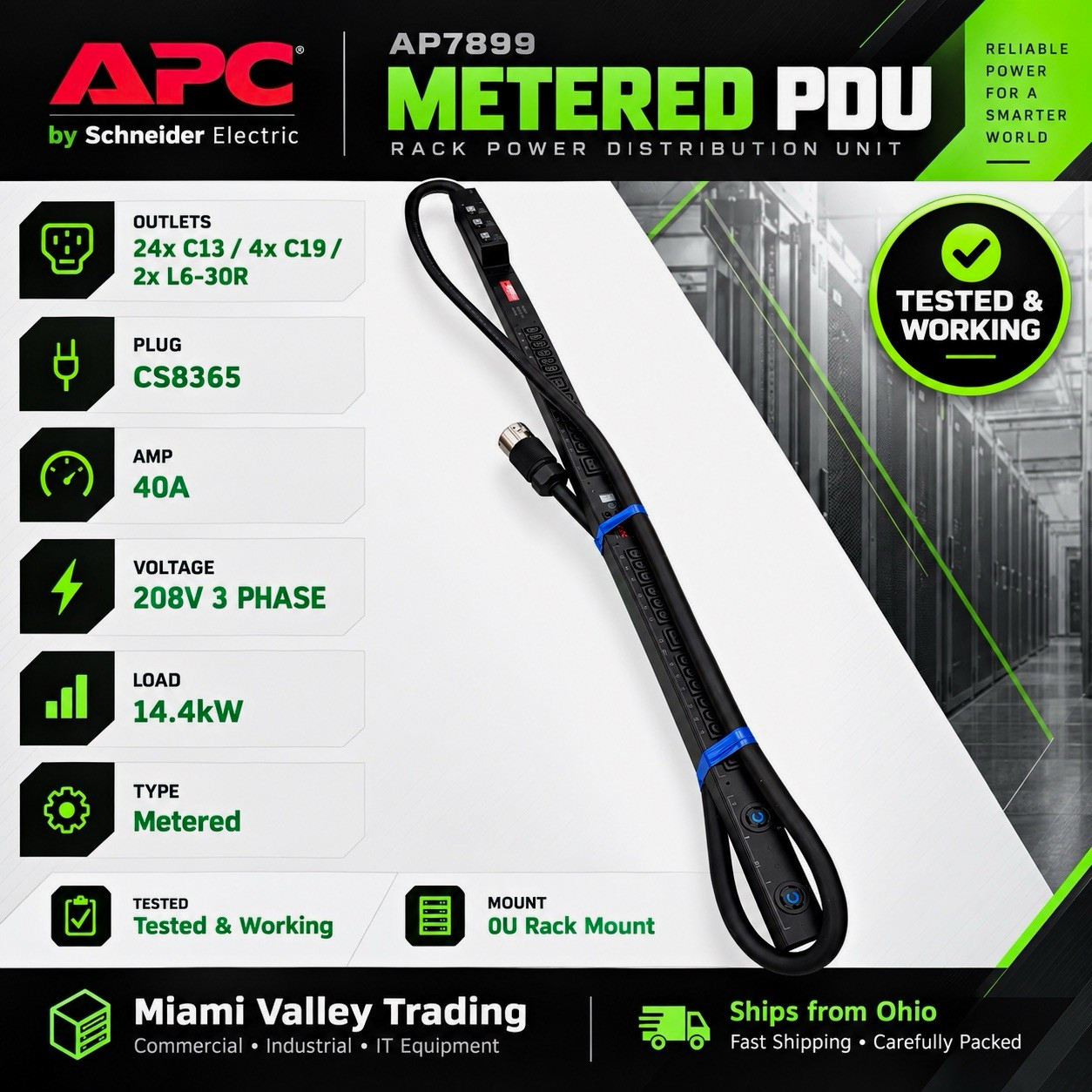 Lot of 4 APC AP7899 Metered Rack PDU 208V 3-Phase 40A 14.4kW 0U CS8365 Tested