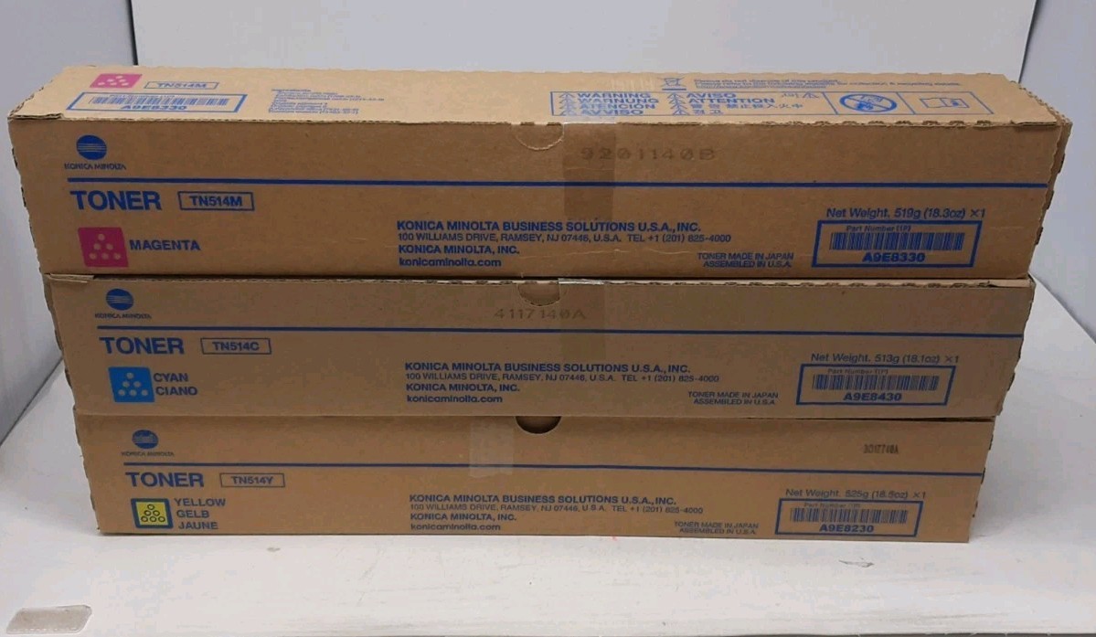 NEW Genuine Konica Minolta TN514 Color Toner Set of 3 Cyan Yellow Magenta OEM