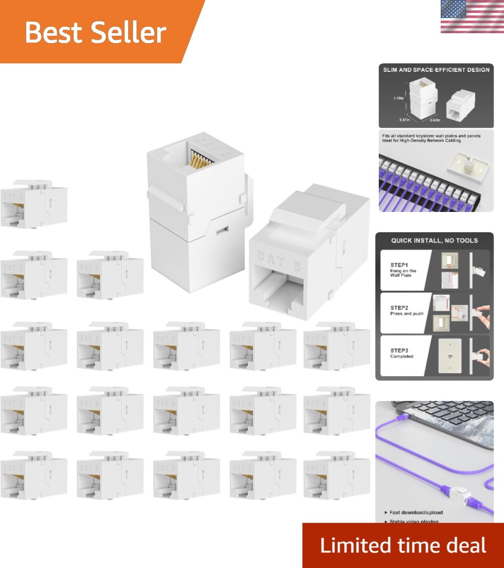 Durable 20-Pack Cat6 Keystone Jacks - Fire-Retardant, Reliable Network Couplers