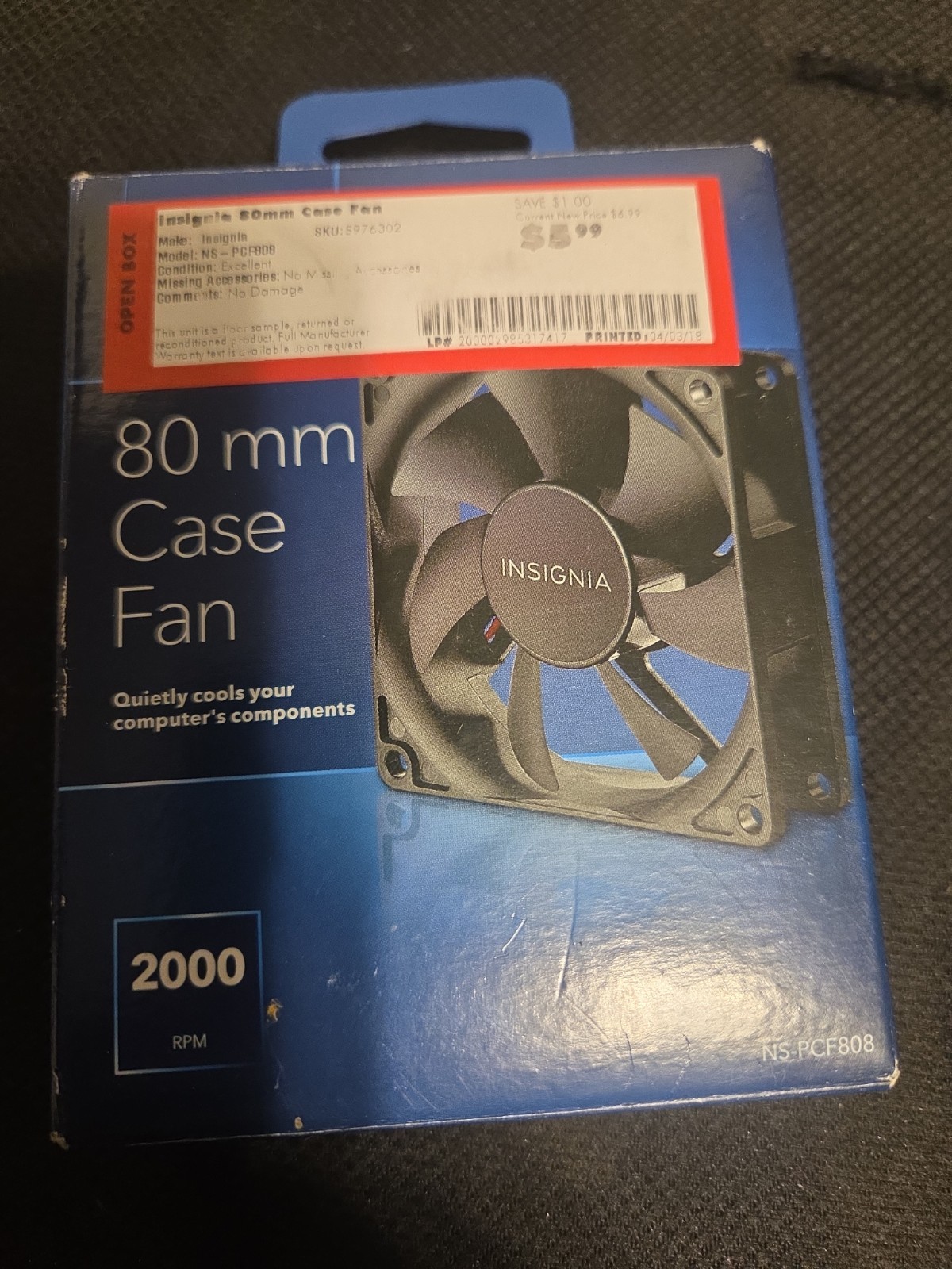 Insignia 80mm PC Case Fan PCF808 New Open Box