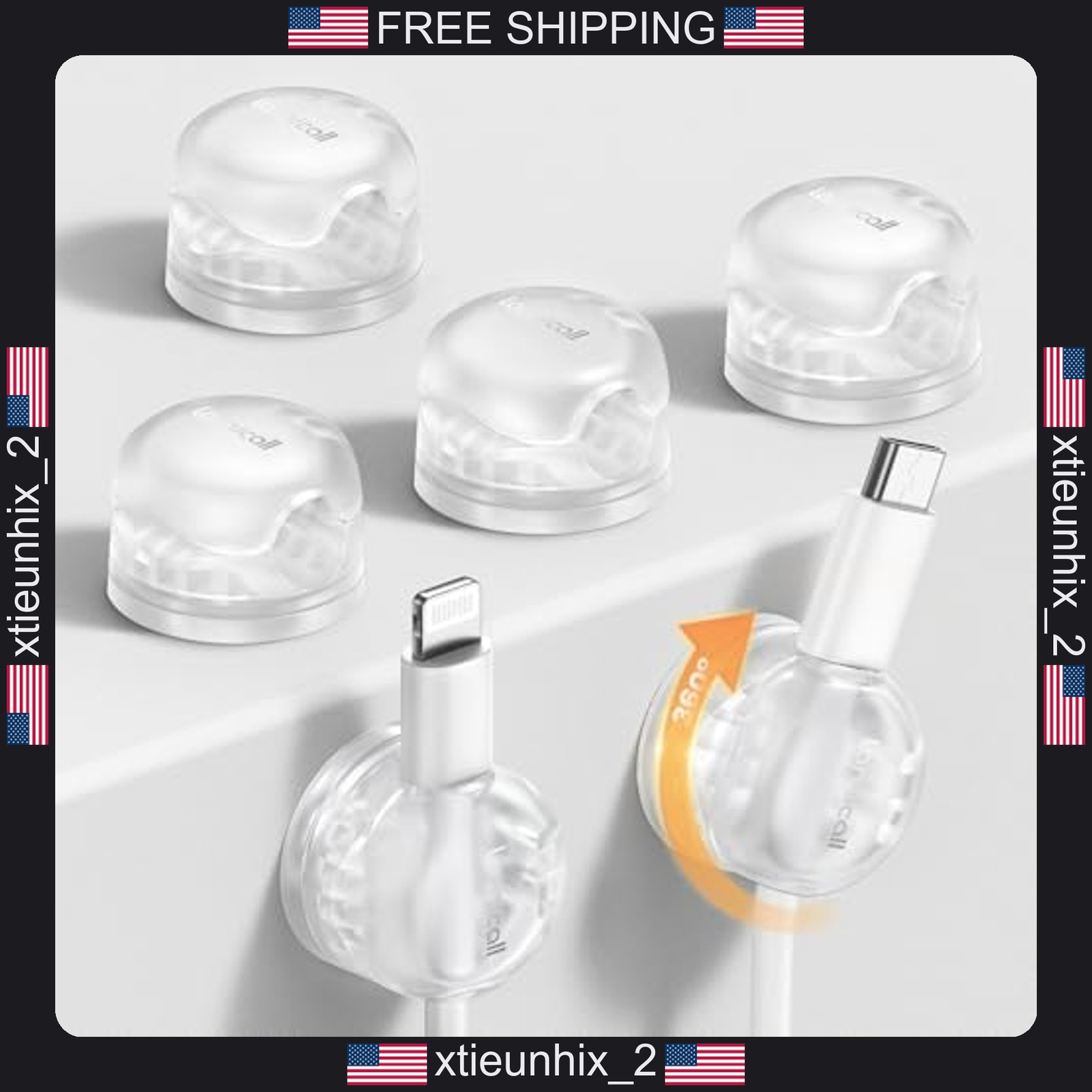 Cable Organizer Clips 6 Pack, 360° Rotatable Spring Lock, Clear Adhesive