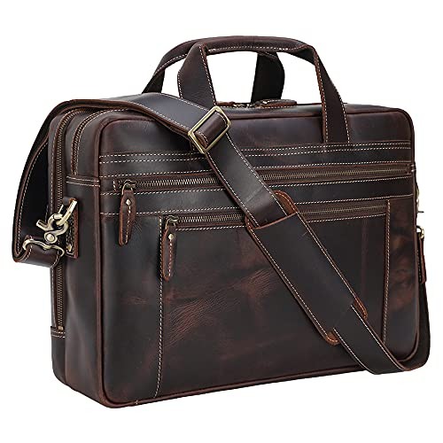  Genuine Leather Briefcase 17 Inch Laptop Messenger Bags for Men Dark Brown