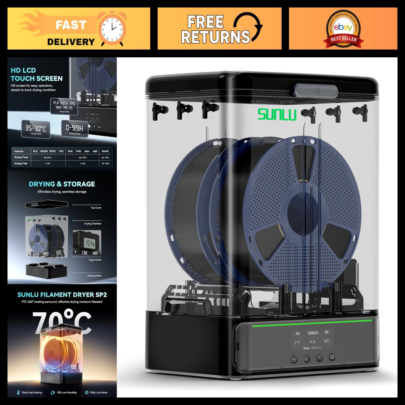 3KG Filament Dryer & Storage Box, 15min Fast Heating to 70°C, 3D Printing Access