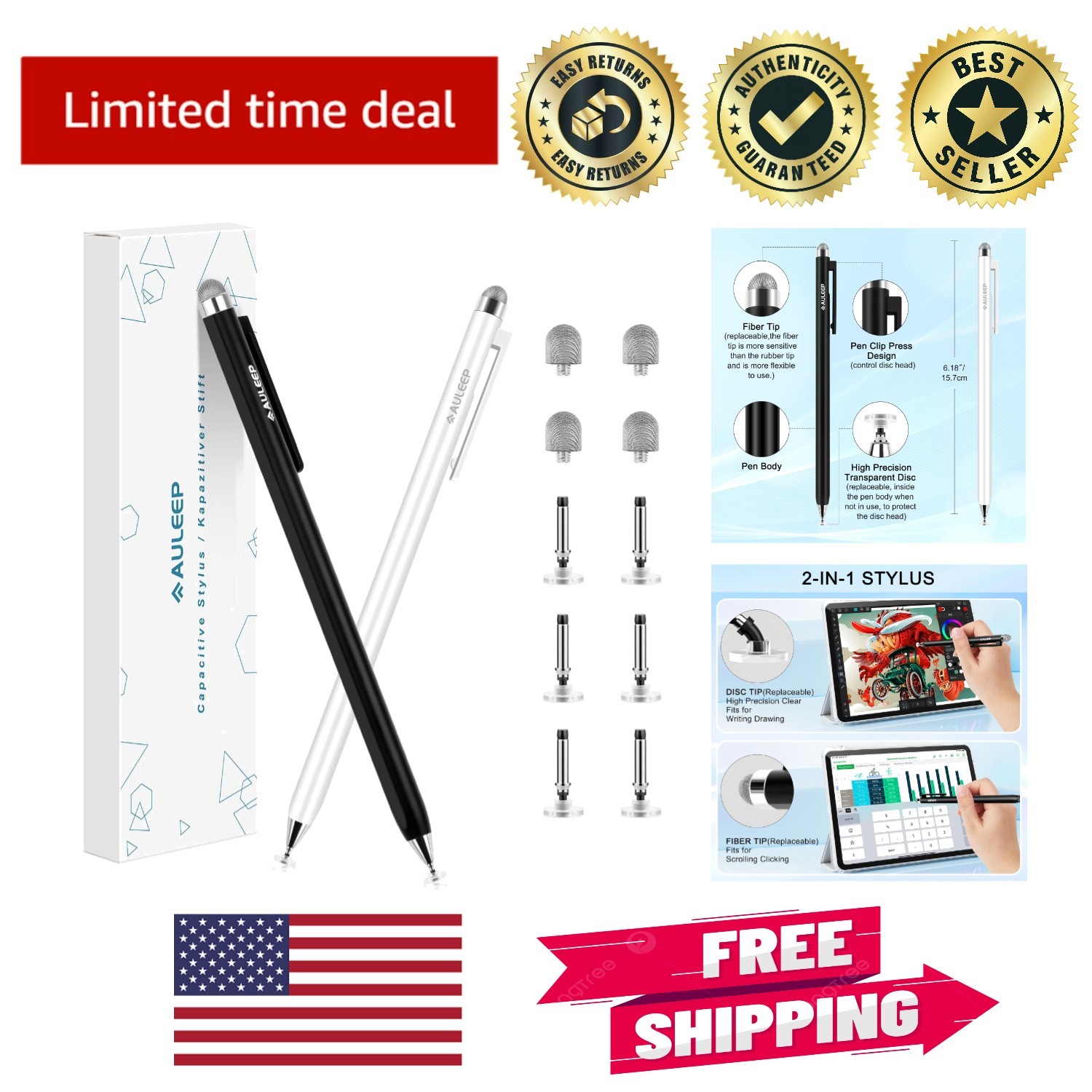 Stylish 2-in-1 Touchscreen Stylus Set with Replacement Tips & Cups - Black/White