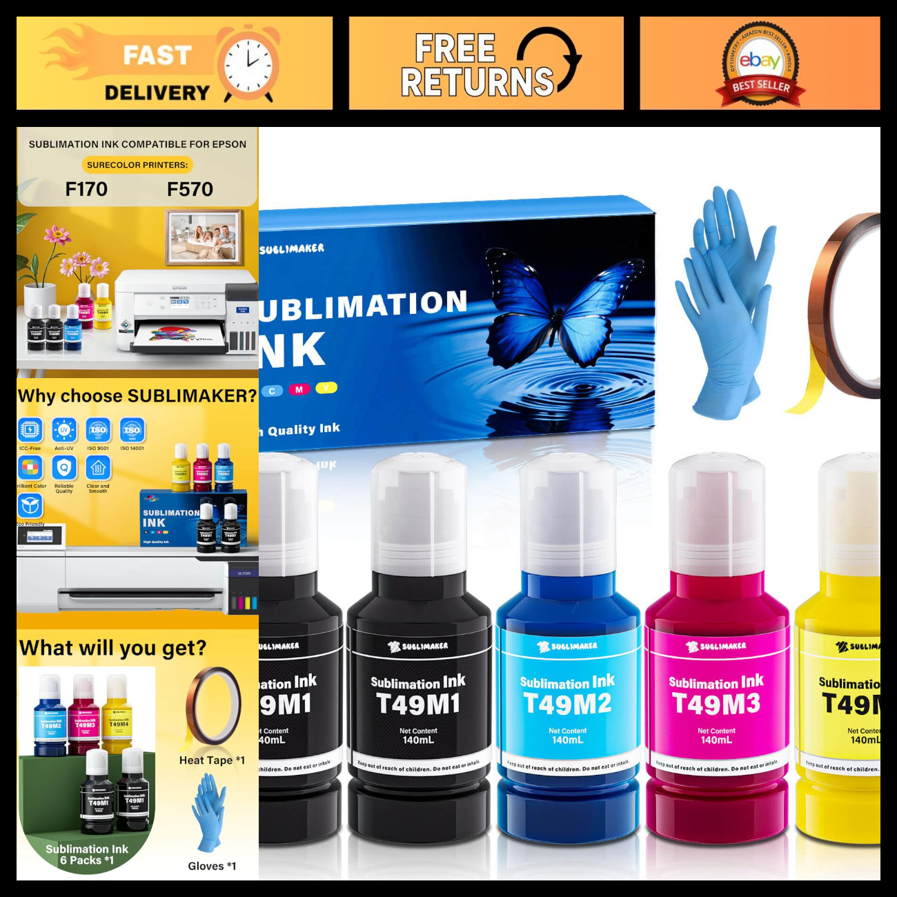 700ML Sublimation Ink Compatible for Epson F170 F570 - Autofill, ICC-Free, Anti-