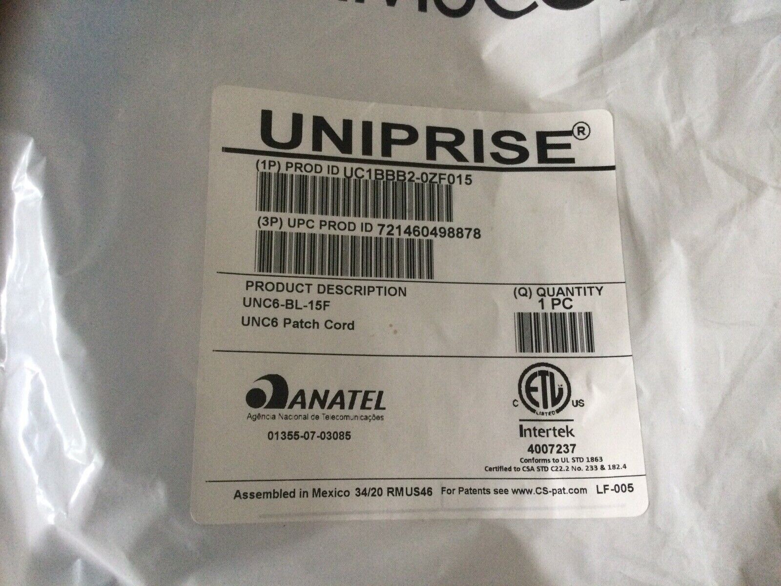 COMMSCOPE UNIPRISE SOLUTIONS UNC6-BL-15F CAT6 Patch Cord 15 ft