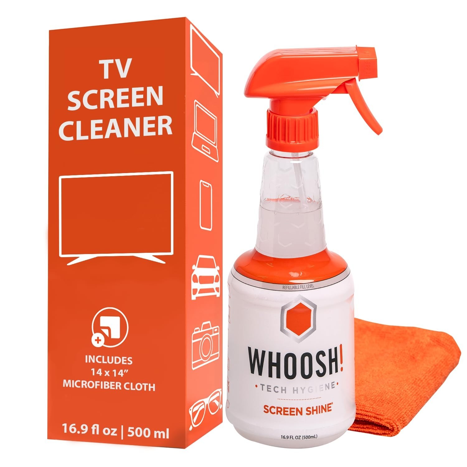 WHOOSH Screen Shine Pro 16.9 fl oz Refillable TV Screen Cleaner with Microfi...