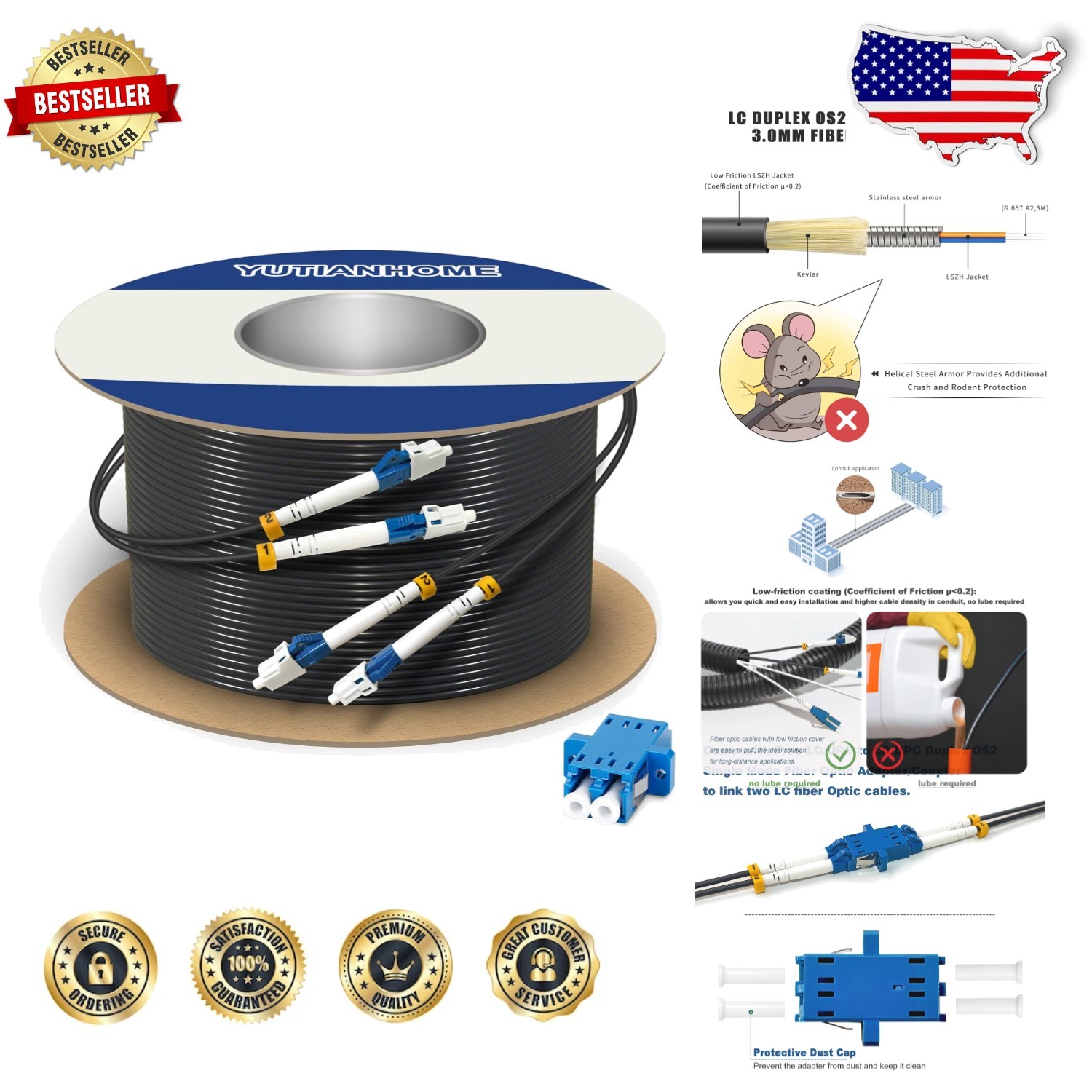 250ft LC-LC Armored Fiber Optic Cable OS2 Weatherproof Duplex