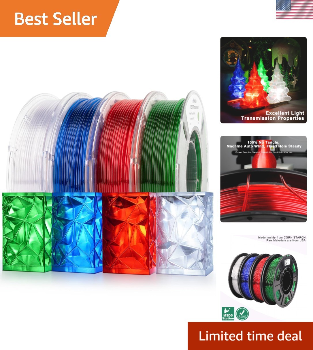 Versatile 4 Color PETG Filament for 3D Printing - 250g Spools with Light Feature