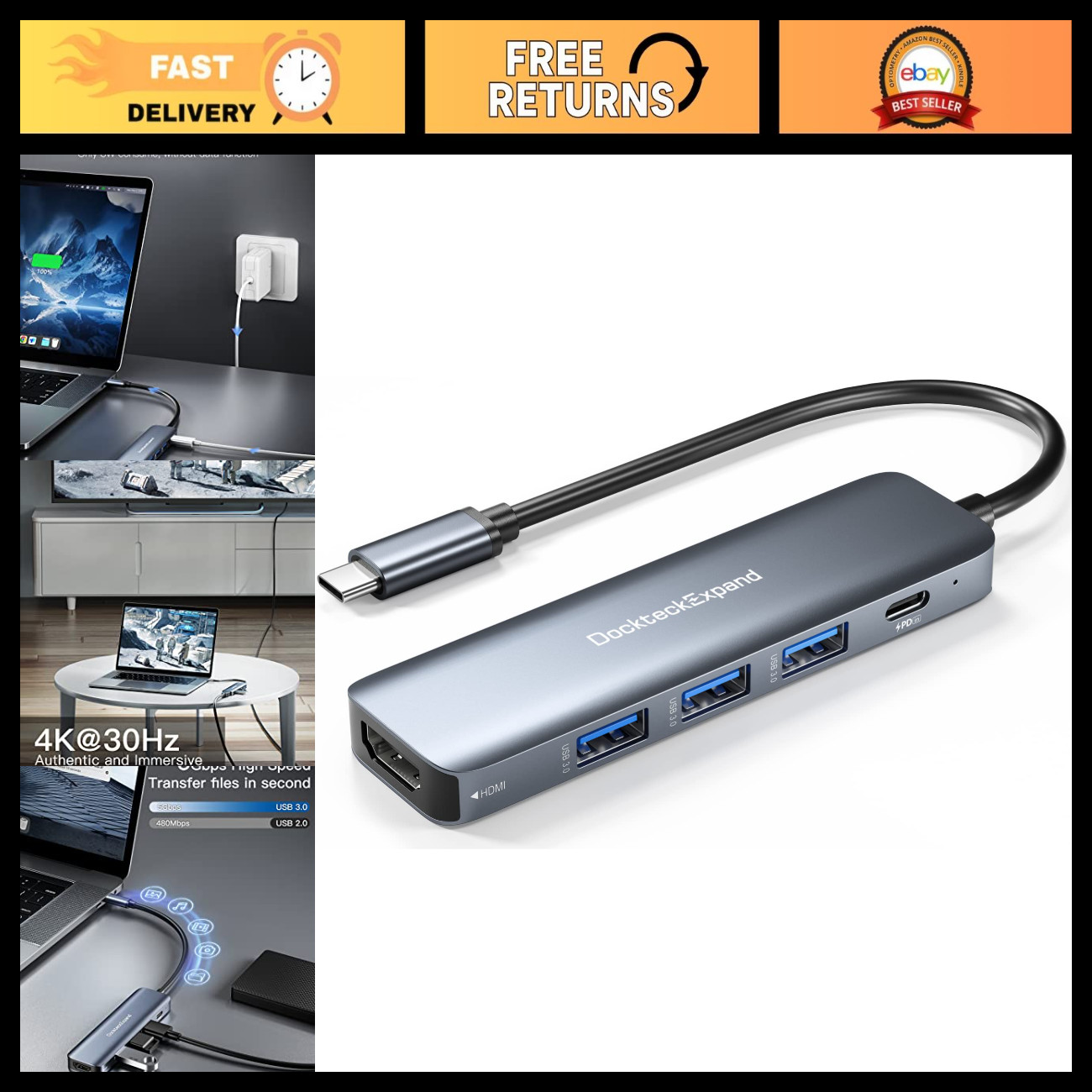 5 in 1 USB-C Hub Multiport Adapter, Expandable USB C Dock with HDMI, USB Ports