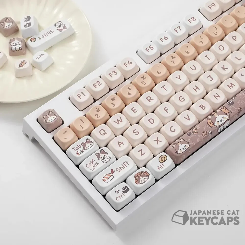 1 Set GMK 142 Keys Meow Eats Japanese Cute Cat Food MOA Profile Key Caps Brown