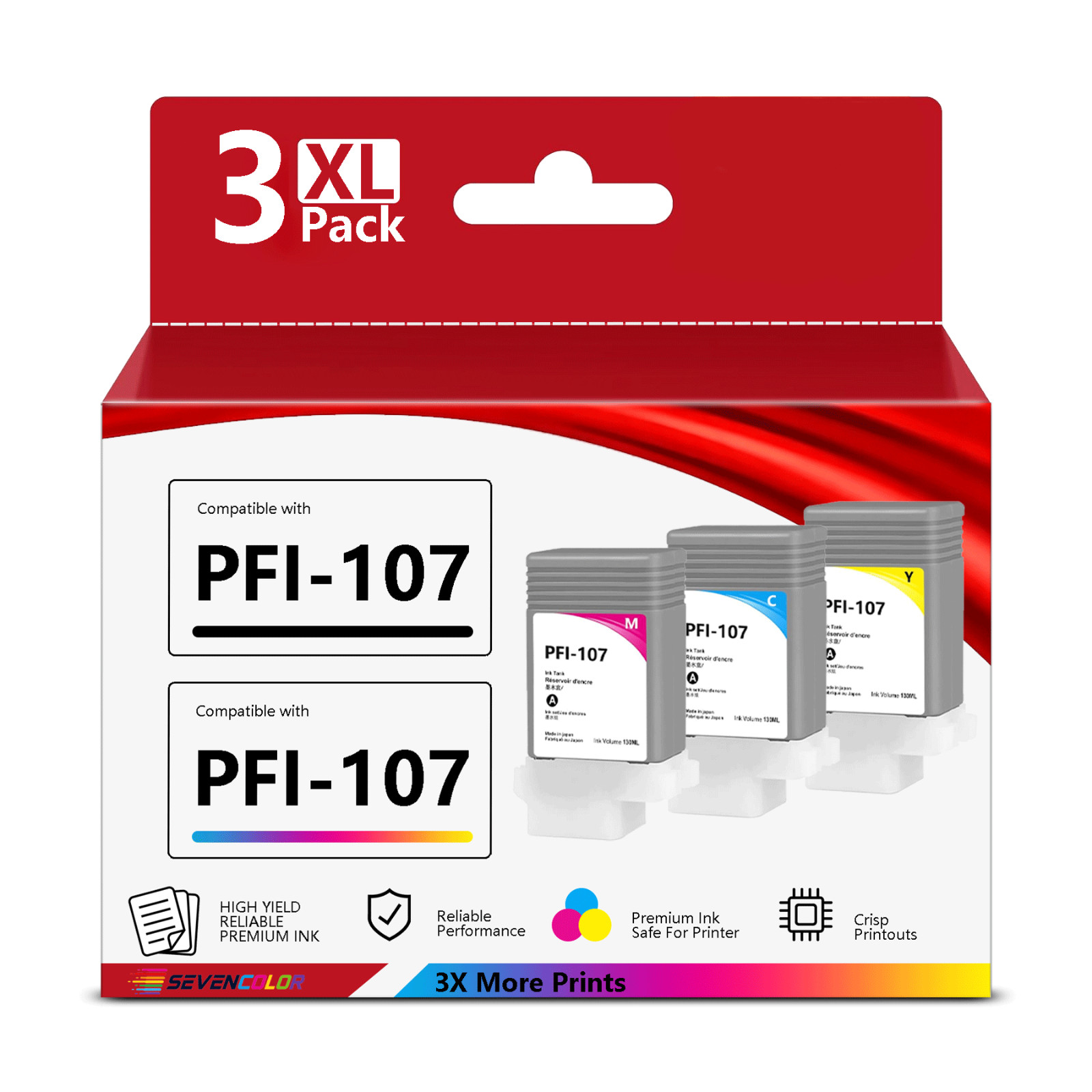PFI-107 Ink Cartridge 130ML(3-Pack, C/M/Y) | Use for ImagePROGRAF iPF670 Printer
