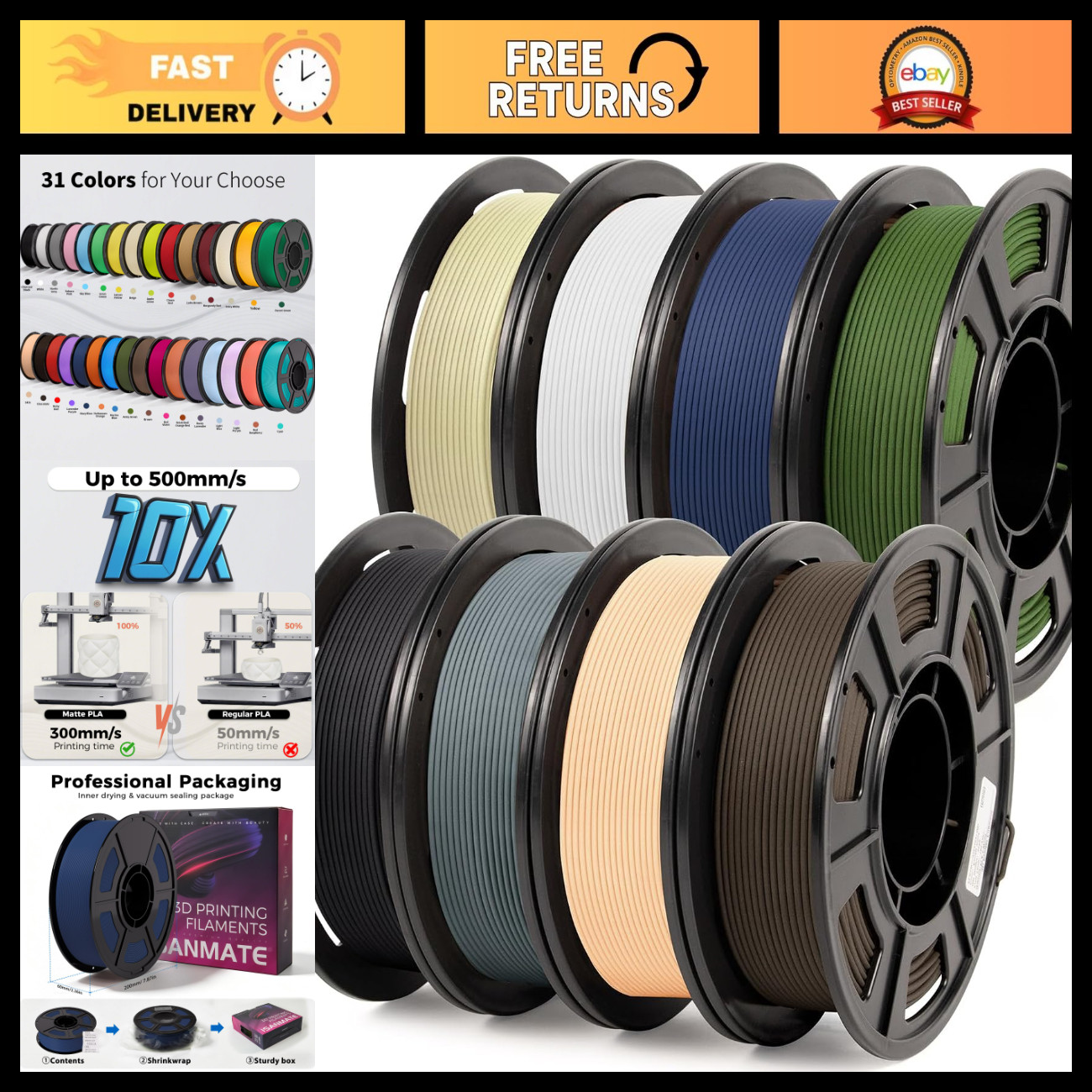 8 Colors Matte PLA Filament Bundle 250g Each - 3D Printing Material for Bambu La