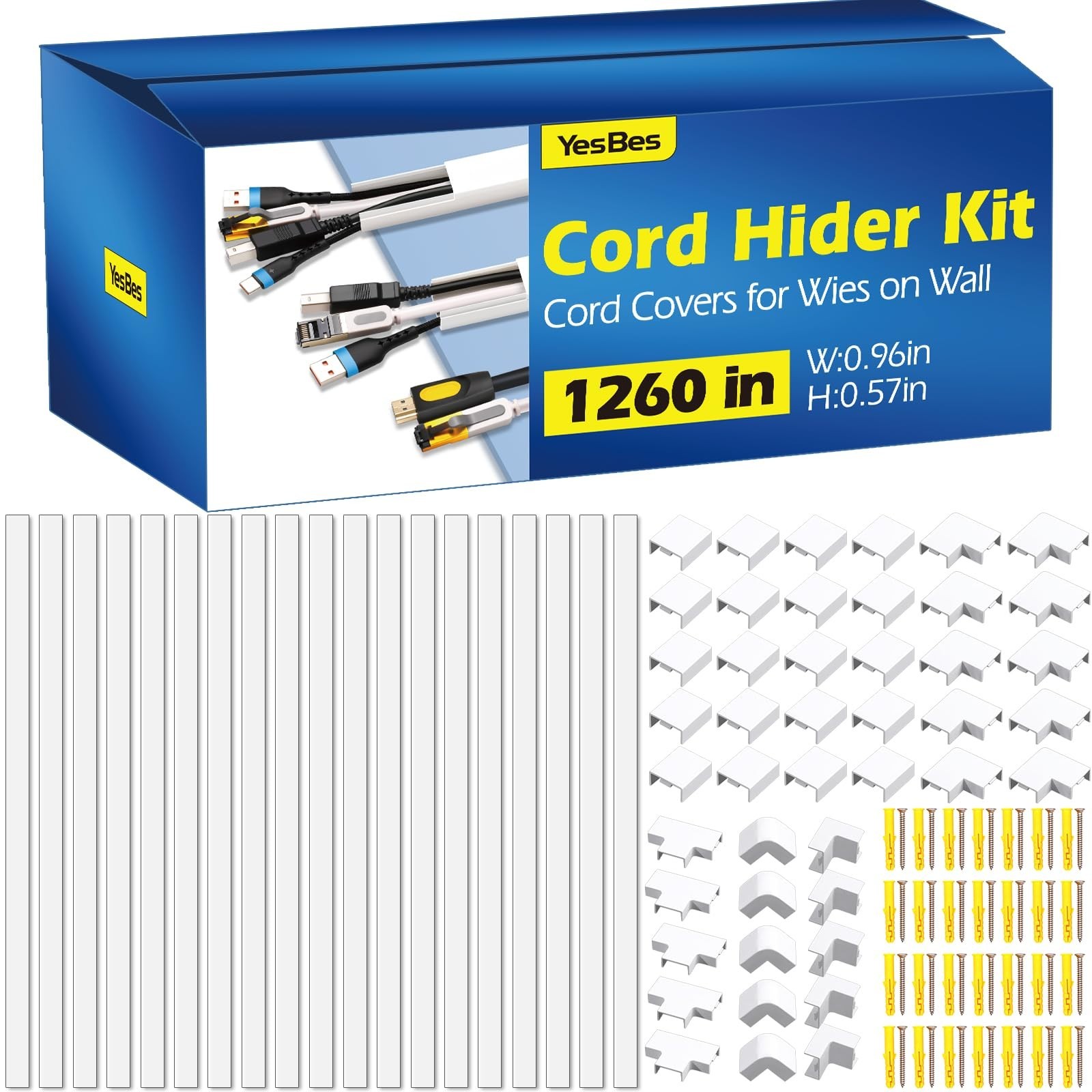White Cable Raceway 1260in 80pc Self-Adhesive Paintable Cord Hider for TV