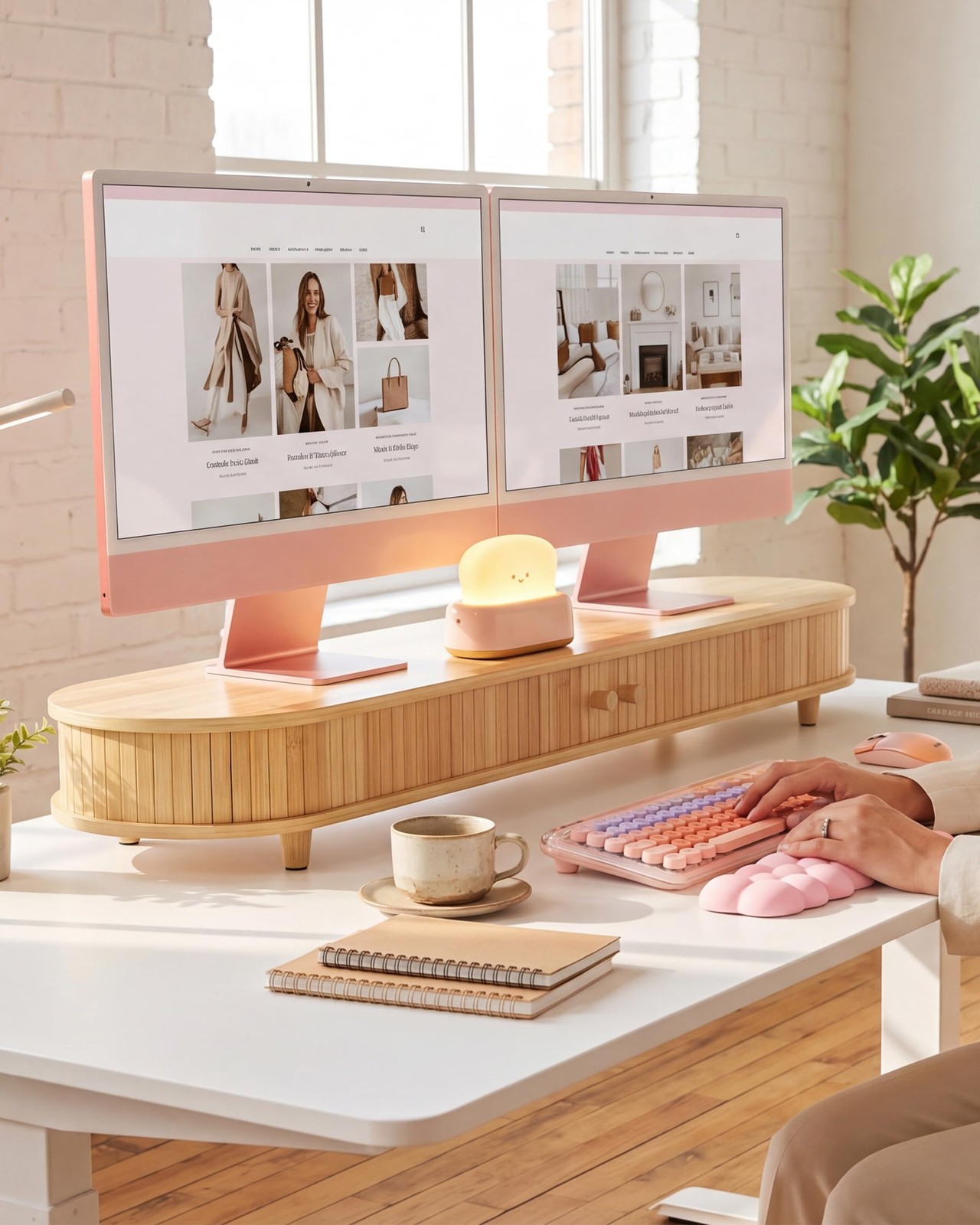 WELL WENG Bamboo Dual Monitor Stand with Storage, 42 inch, Natural