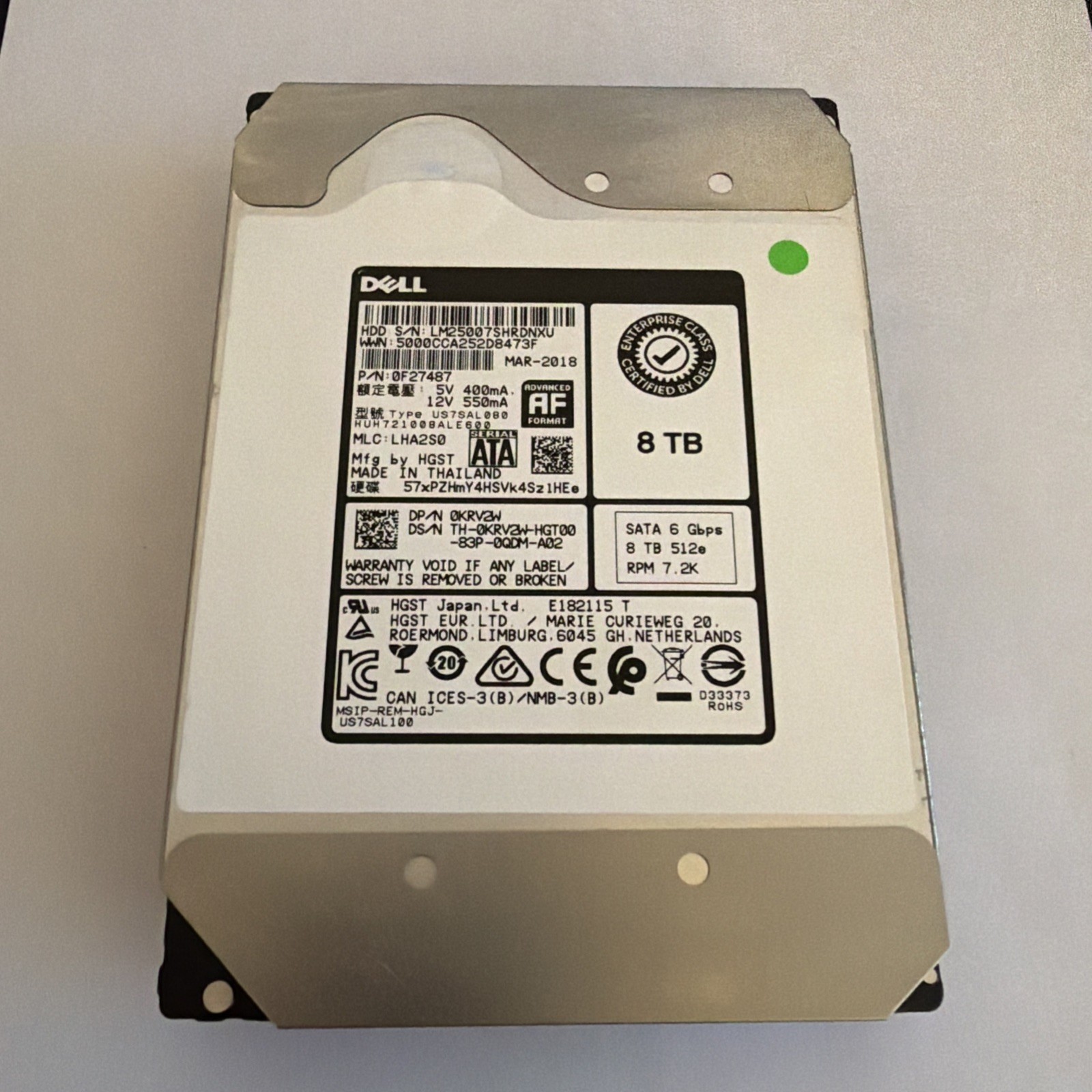WD 8TB 7.2K RPM SATA 6Gb/s 256MB 3.5" 512e HDD HUH721008ALE600 DELL 0KRV2W 100%