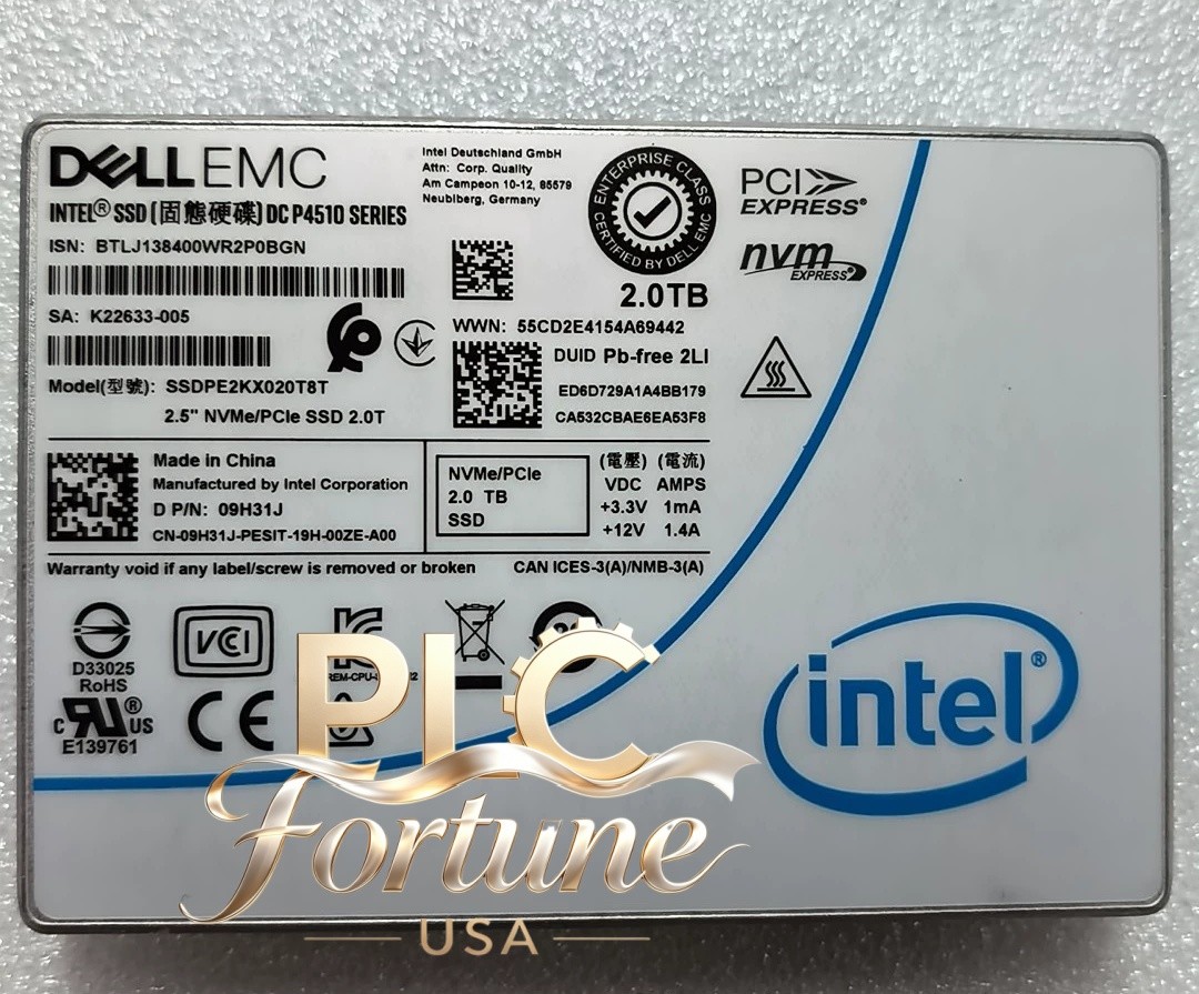 Used DELL 09H31J SSDPE2KX020T8T Intel 2TB P4510 Series DC NVME U.2 2.5" SSD
