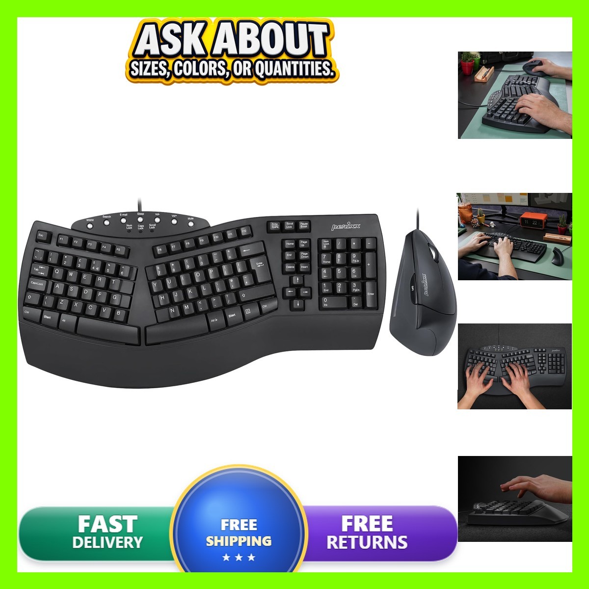 Perixx PERIDUO-512B US, Wired Ergonomic Keyboard - US English PD-512BUS-12174