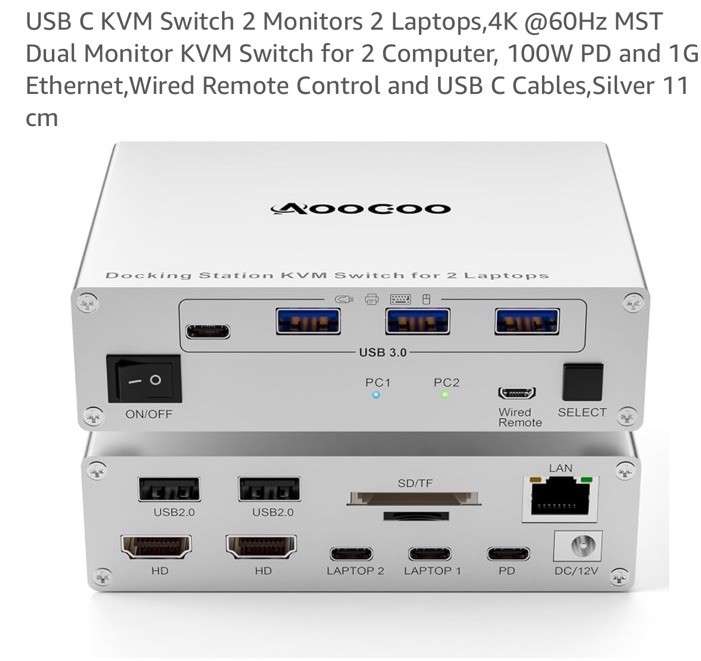 4K USB C KVM Switch Dock 2 Monitors 2 Laptops, Dual HDMI Monitor KVM Switch f...