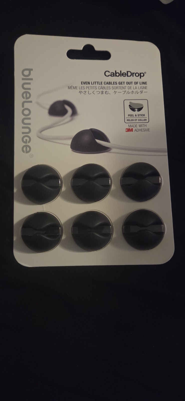 BlueLounge Cable Holders Black 6-Pack Peel & Stick Reusable Plastic