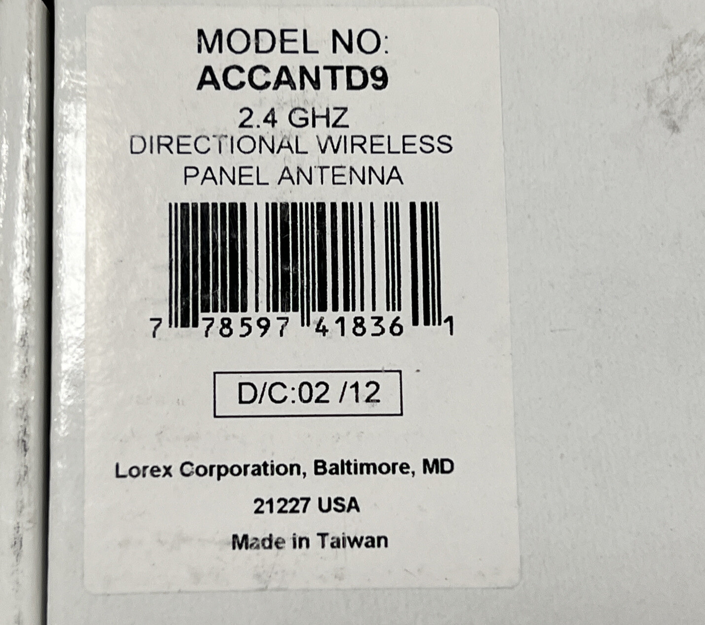 Lorex  2.4GHz Directional Wireless Panel Antenna Range Extender Model ACCANTD9