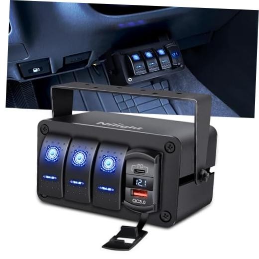 3 Gang Rocker Switch Box 12V SPST ON Off PD Type C 4 Gang Type C +USB Blue+Box