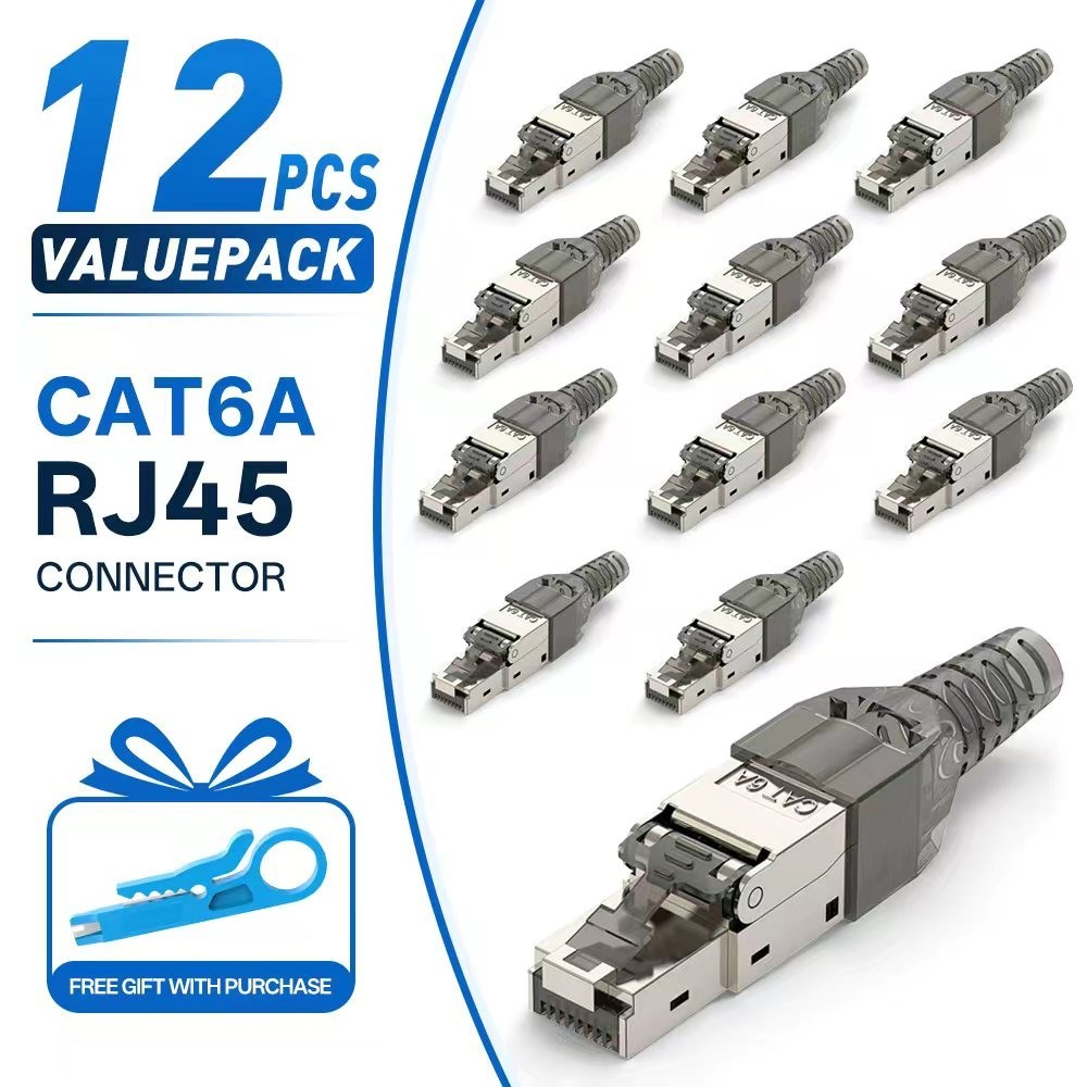12PCS Cat6A Shielded RJ45 Field Termination Plug No Crimp Tool-Free 10Gbps STP