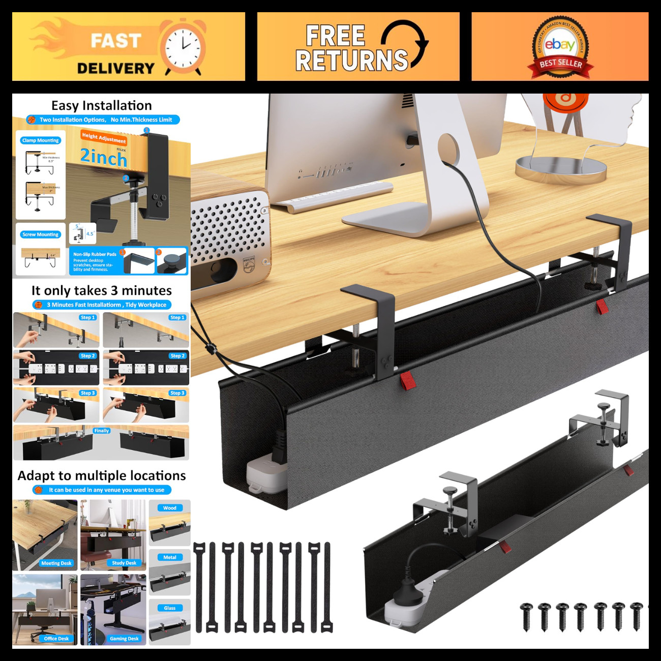Under Desk Cable Management Tray - Cord Organizer for Home/Office - Clamp/Screw