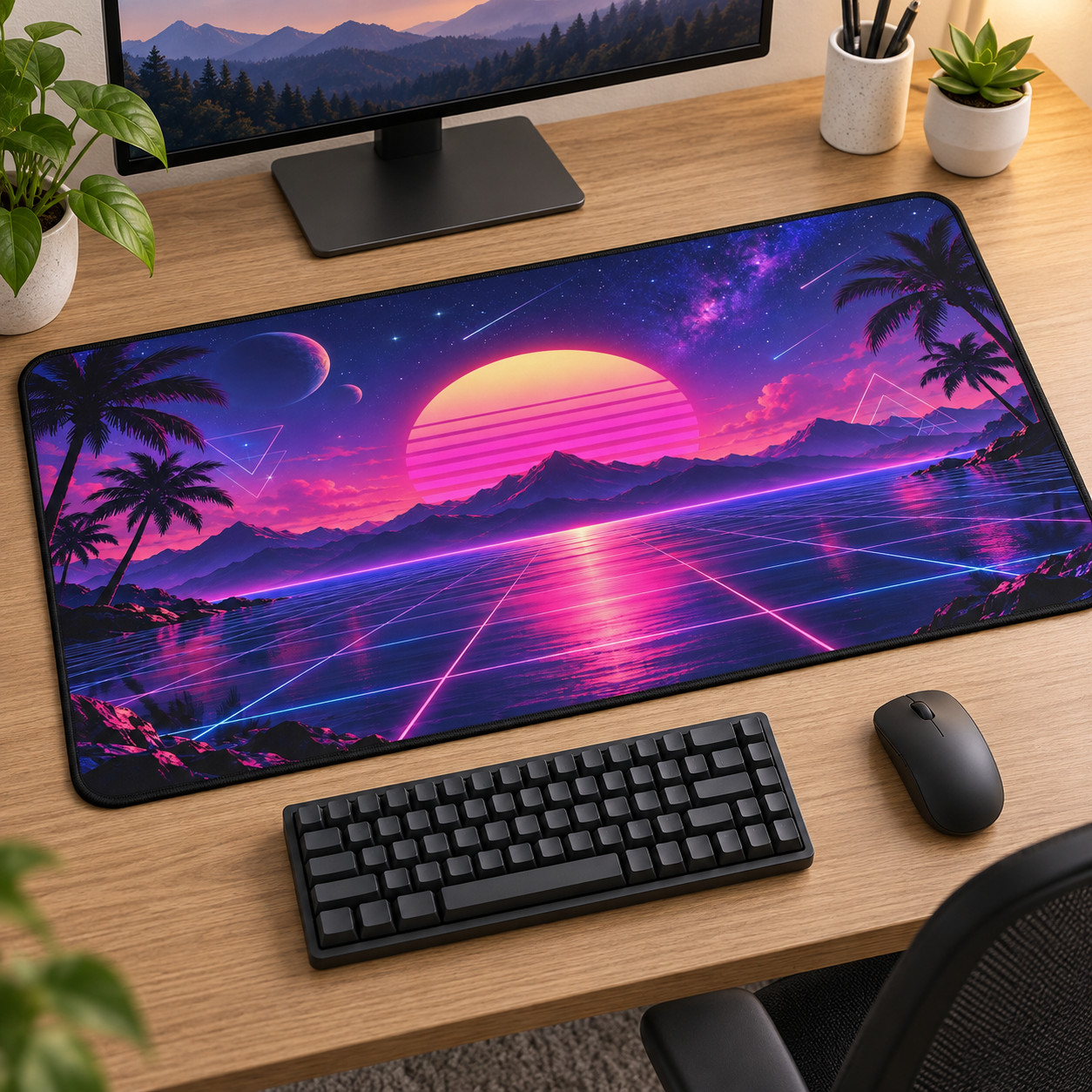 Synthwave Desk Mat & Mouse Pad Retro Sunset Neon Gaming Desk Decor