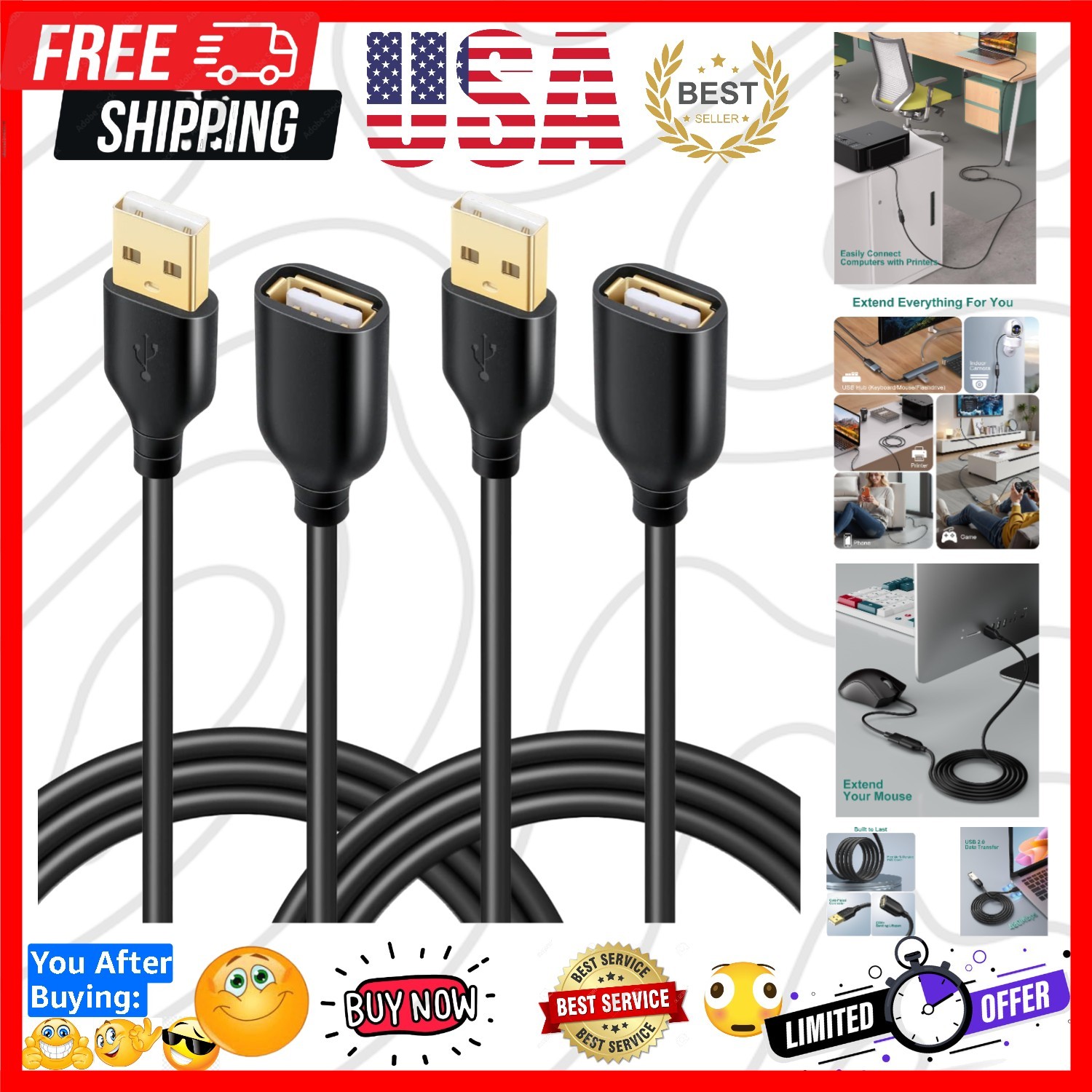 USB Extension Cable, 2-Pack 10ft/3m USB 2.0 Type A Male to A Female Extension...