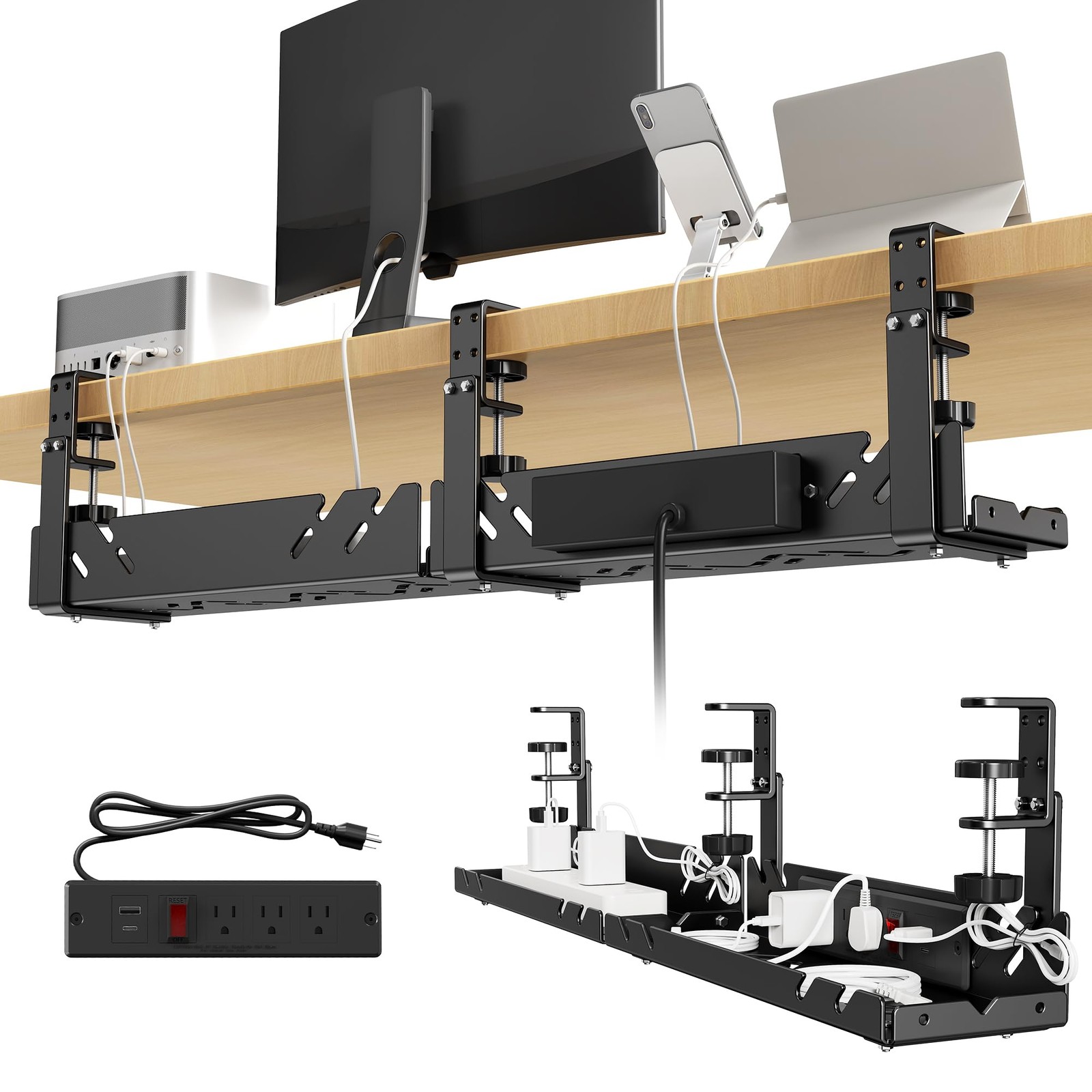 Black Metal Under Desk Cable Management Tray Power Outlet NoDrill Organizer