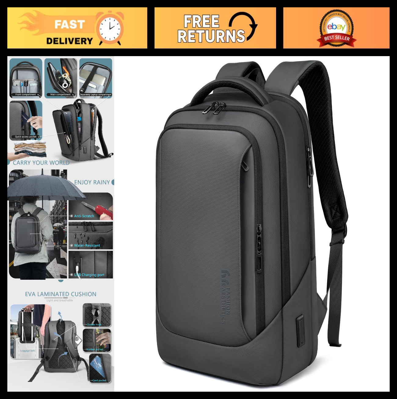 15.6" Laptop Backpack for Men, USB Charging, Water-Resistant Daypack, Casual Tra